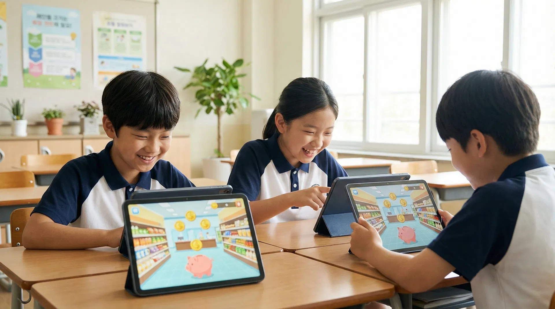 태블릿 게임을 하는 한국 초등학생들