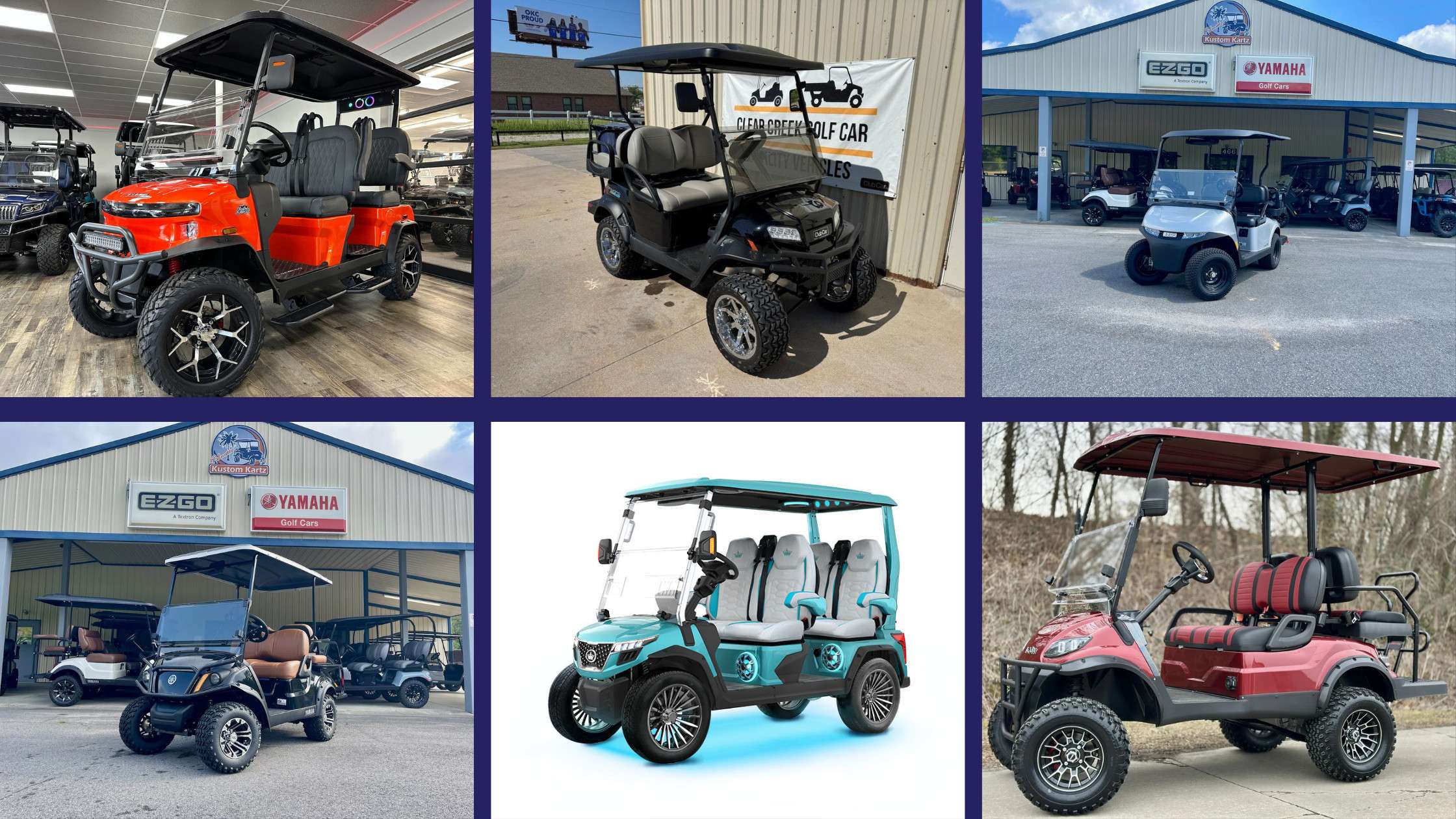 A lineup of various 2025 electric golf cart models.