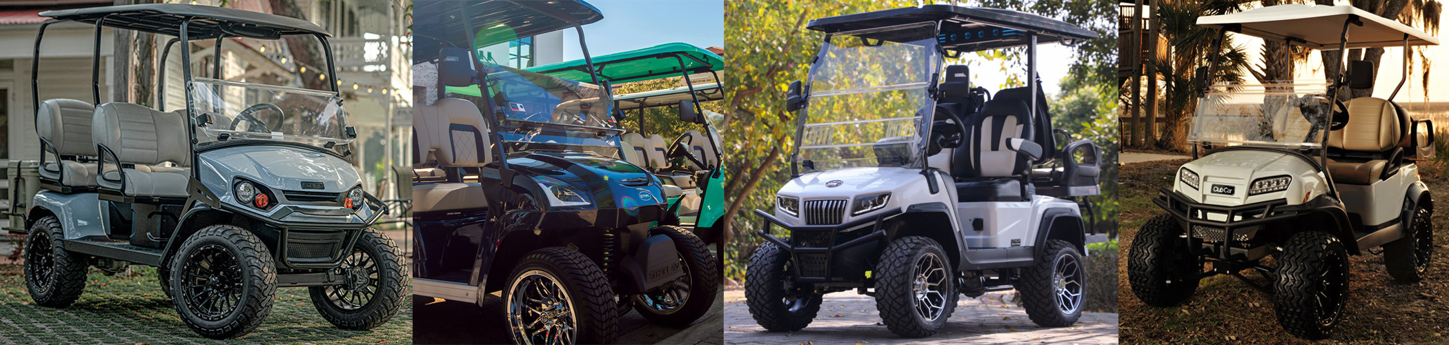 A lineup of various 2025 gas golf cart models.