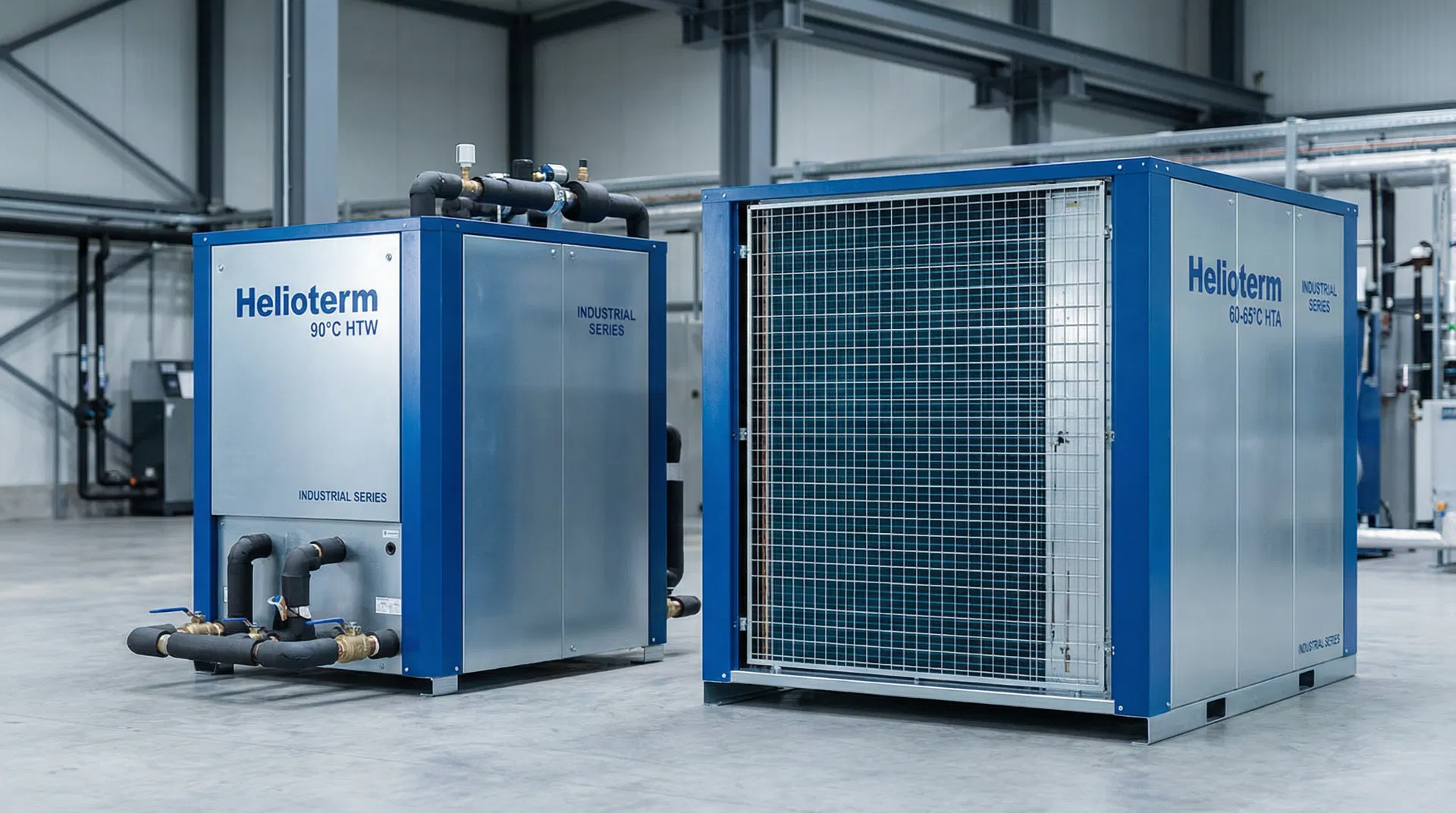 Bombas de Calor Helioterm — HTW (Água-Água) e HTA (Ar-Água) lado a lado