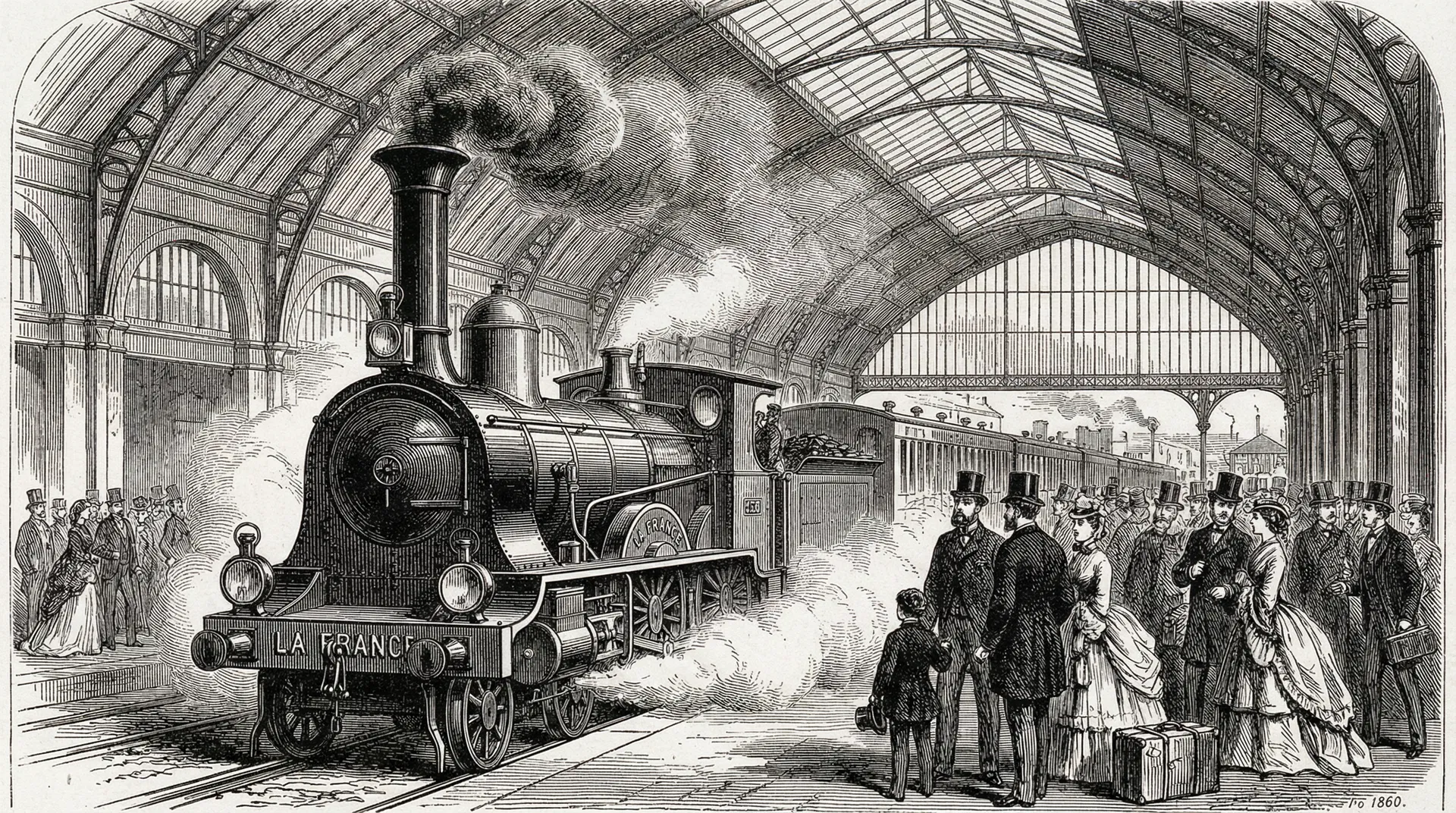 19th century railway station engraving