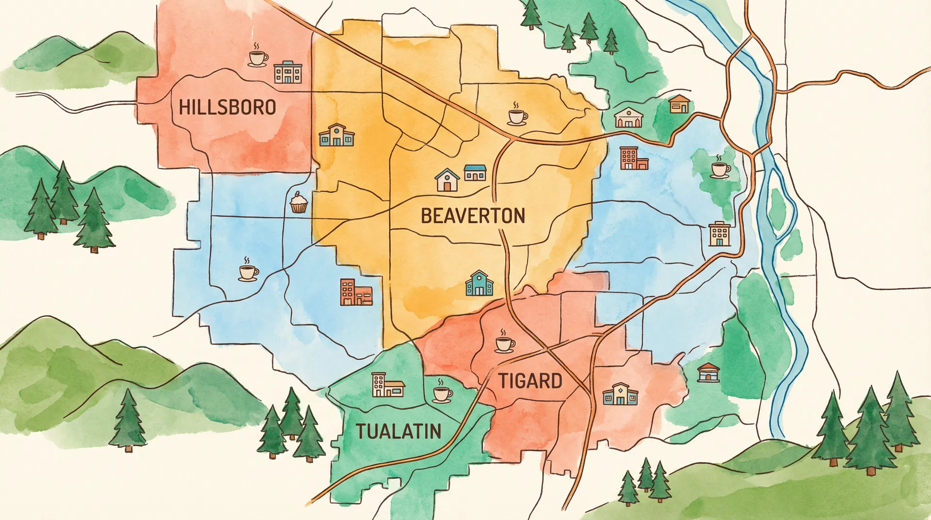 Illustrated map of Beaverton, Tigard, Tualatin, Hillsboro, Lake Oswego, and West Linn