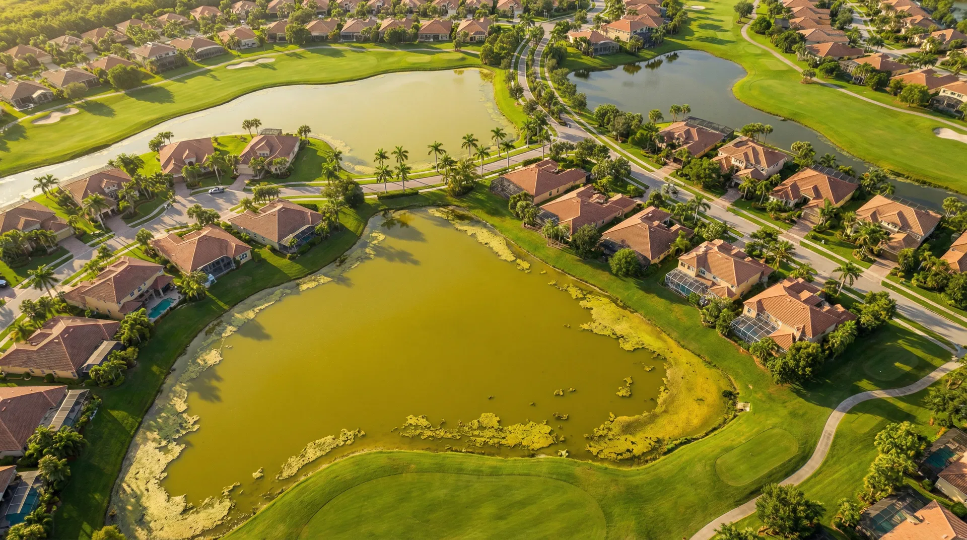 Aerial view of a Florida residential lake system showing algae-affected water
