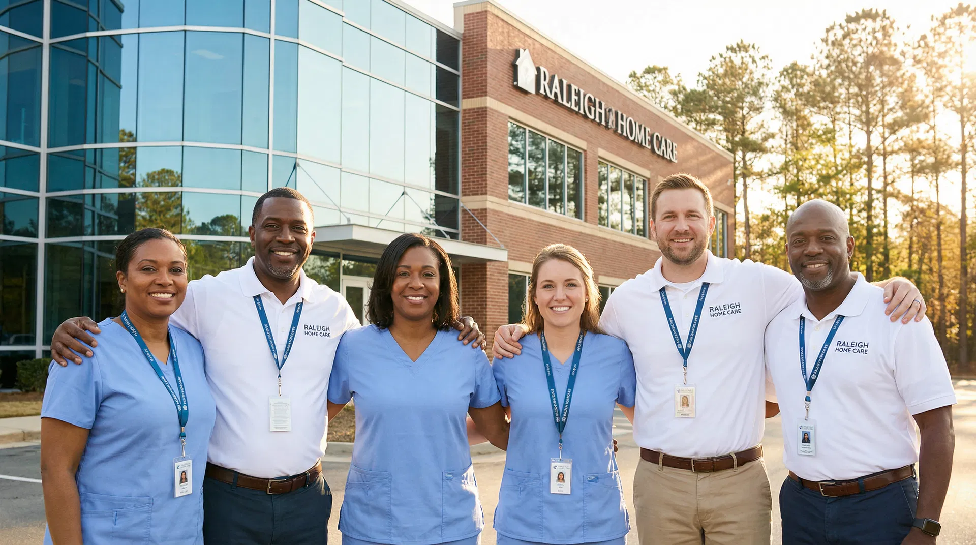 The Optimal Home Care team of six caregivers and coordinators smiling together outside their Raleigh office