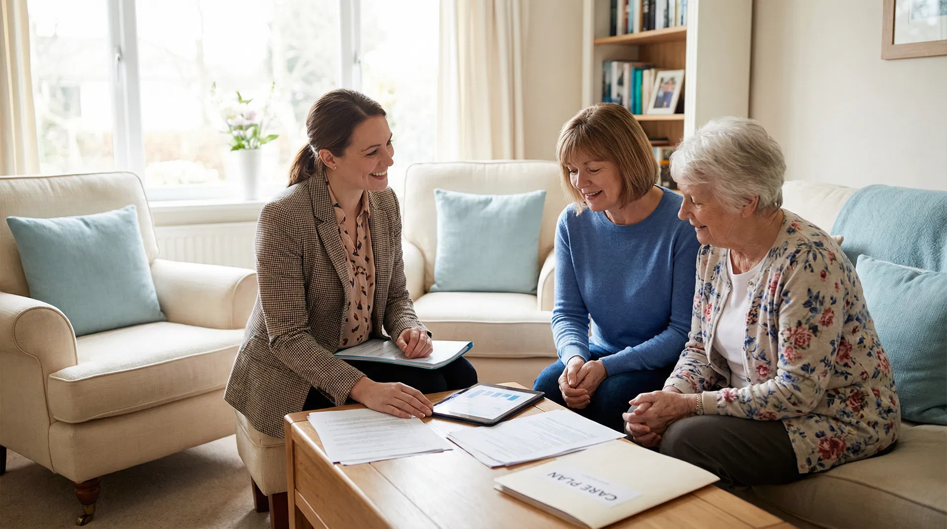 An Optimal Home Care coordinator meeting with a family in their living room to discuss a personalized care plan