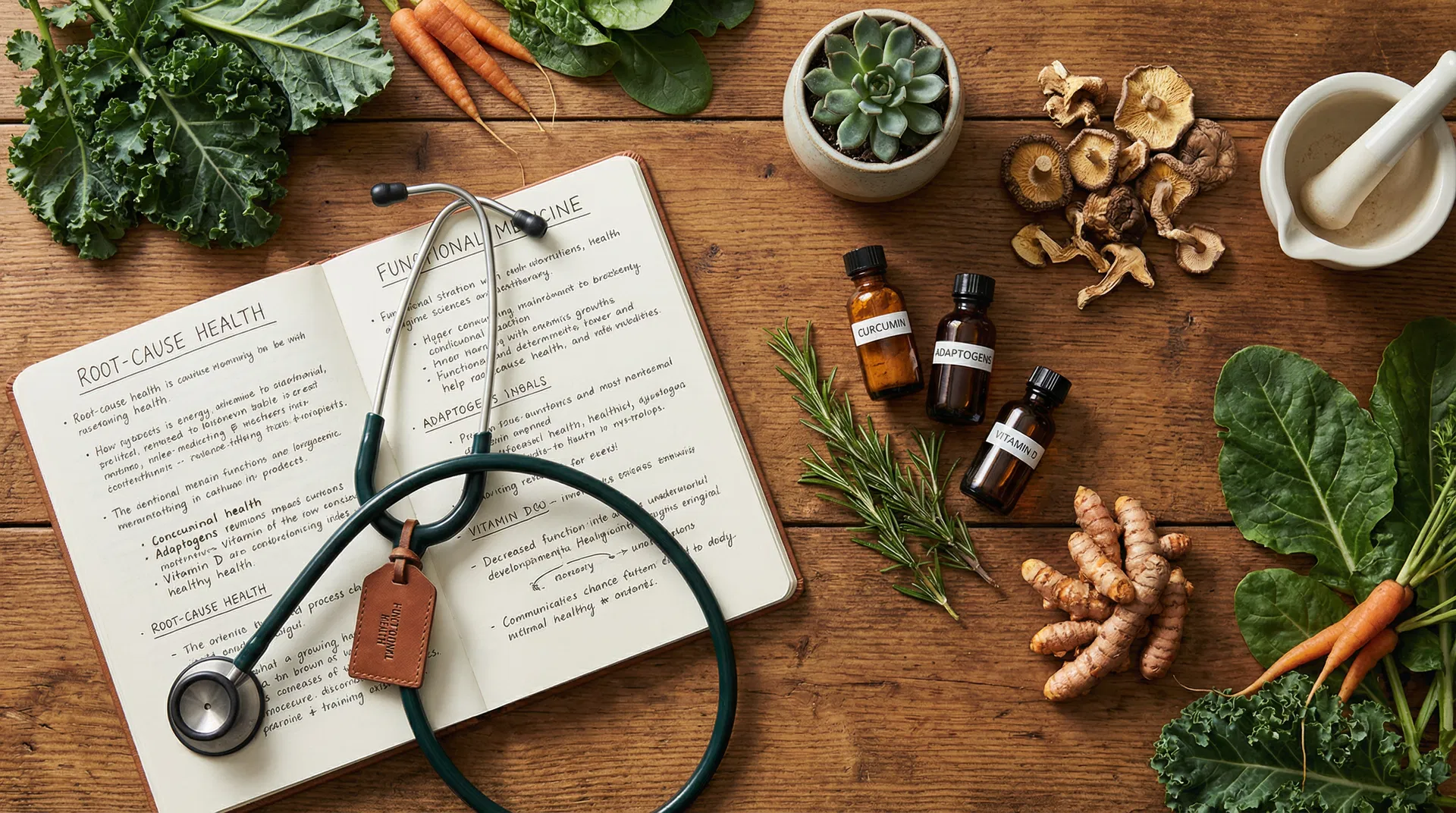 Functional medicine approach with natural supplements and stethoscope