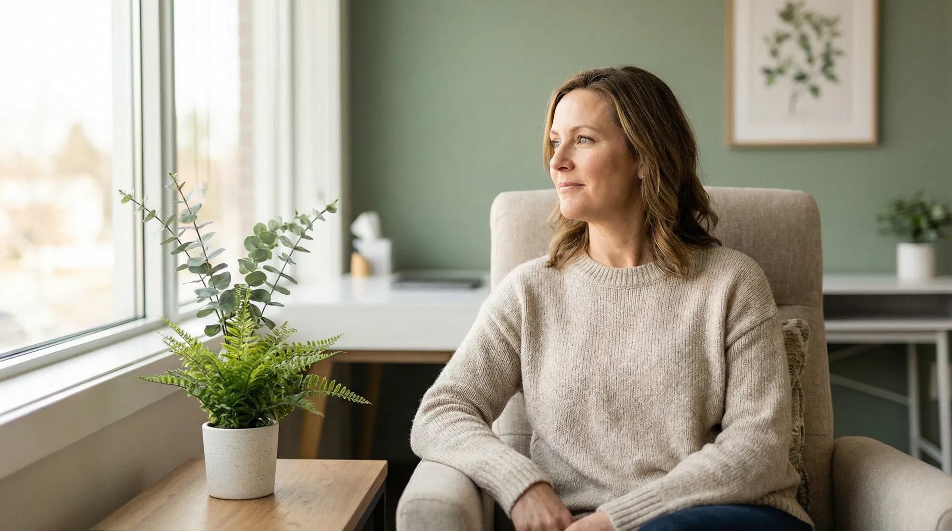 Woman feeling empowered and healthy in a warm clinical setting