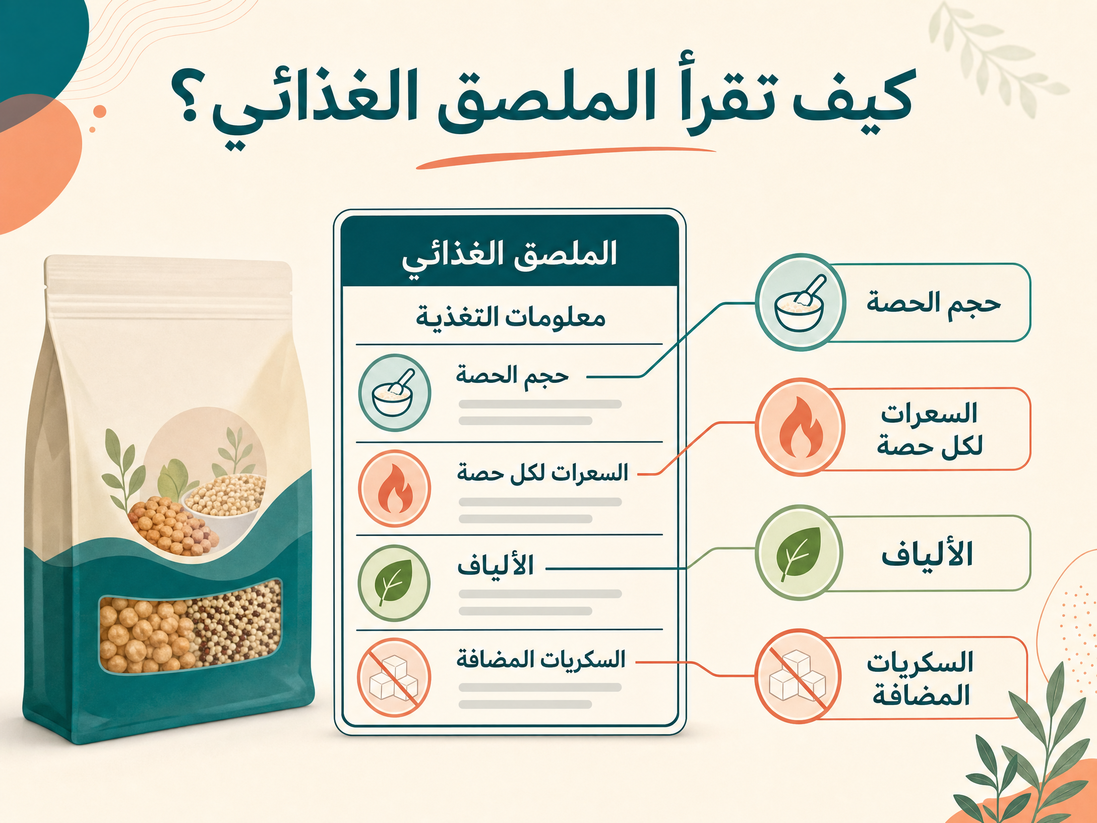 بطاقة غذائية تبرز حجم الحصة والسعرات والألياف والسكريات المضافة.