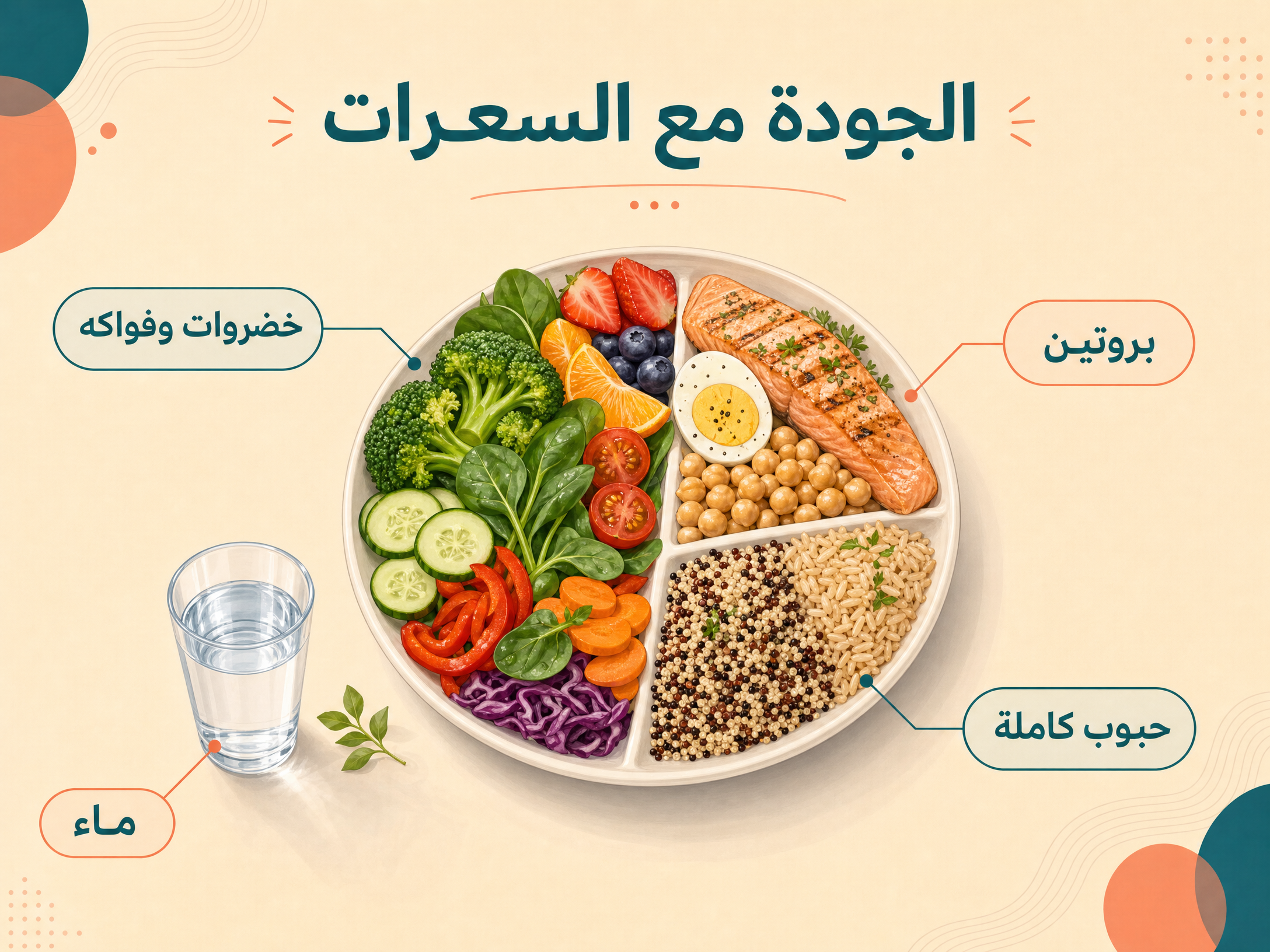 طبق متوازن يضم خضروات وفواكه وبروتينًا وحبوبًا كاملة وماء.