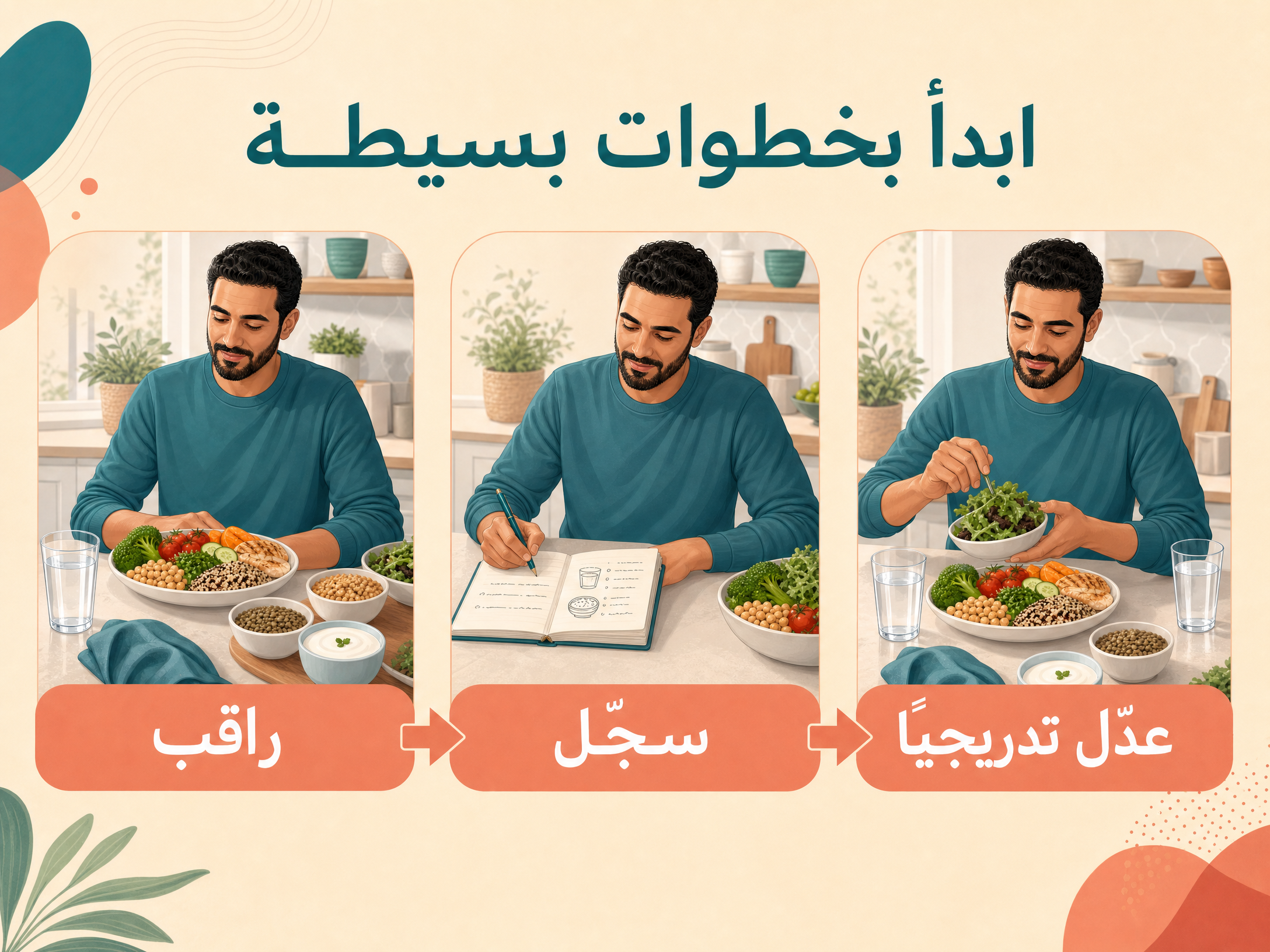 ثلاث مراحل لتتبع الطعام وتعديل العادات تدريجيًا.