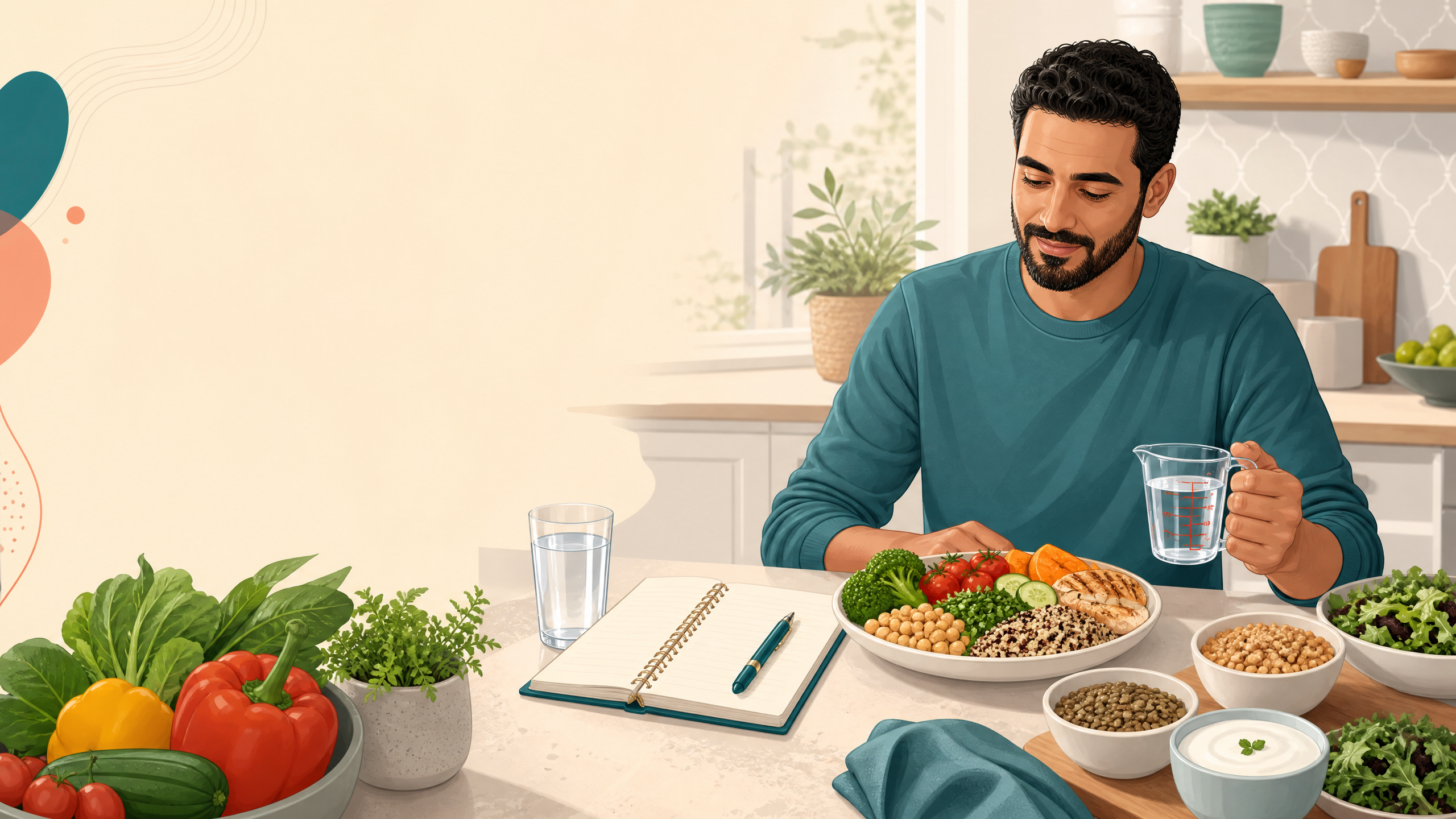 شخص يدوّن وجبة متوازنة مع خضروات وبقوليات وحبوب وماء.