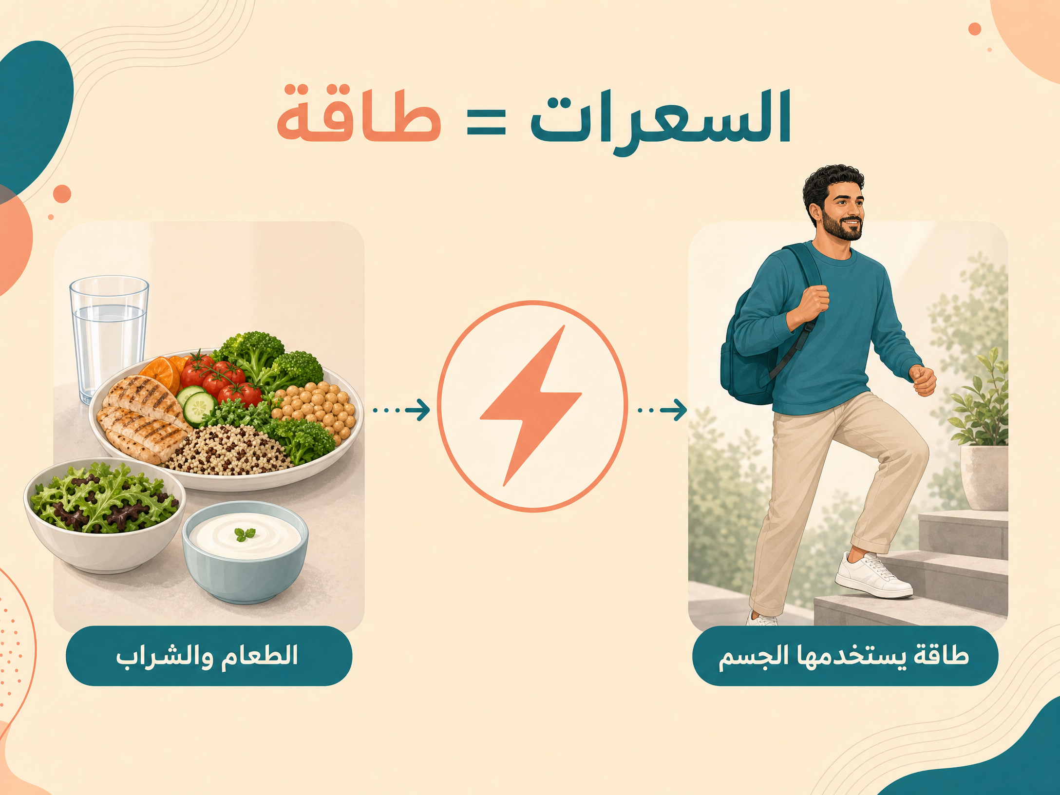 مخطط يوضح انتقال الطاقة من الطعام والشراب إلى استخدام الجسم اليومي.