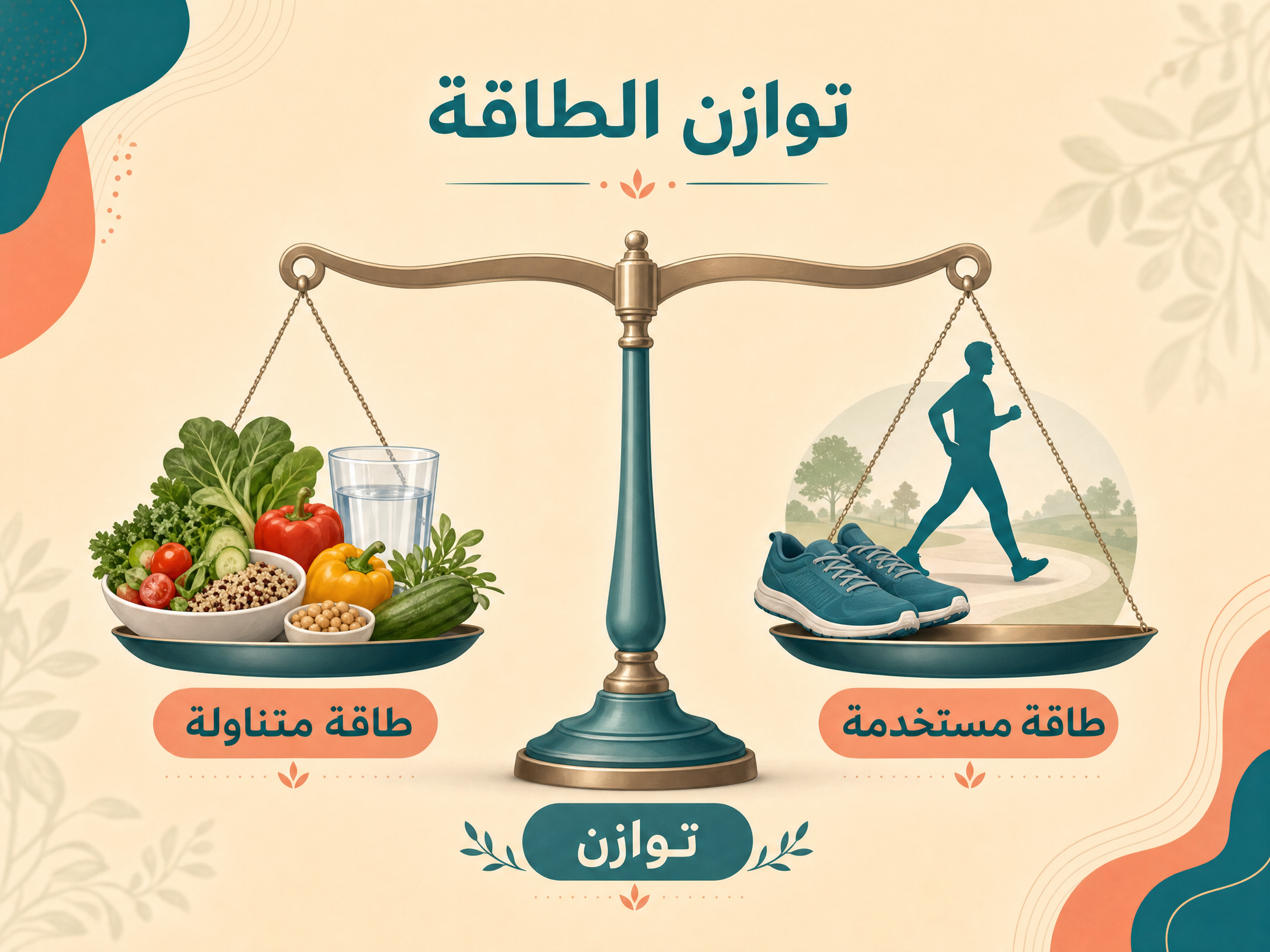 ميزان يوضح توازن الطاقة بين الطعام والنشاط البدني.