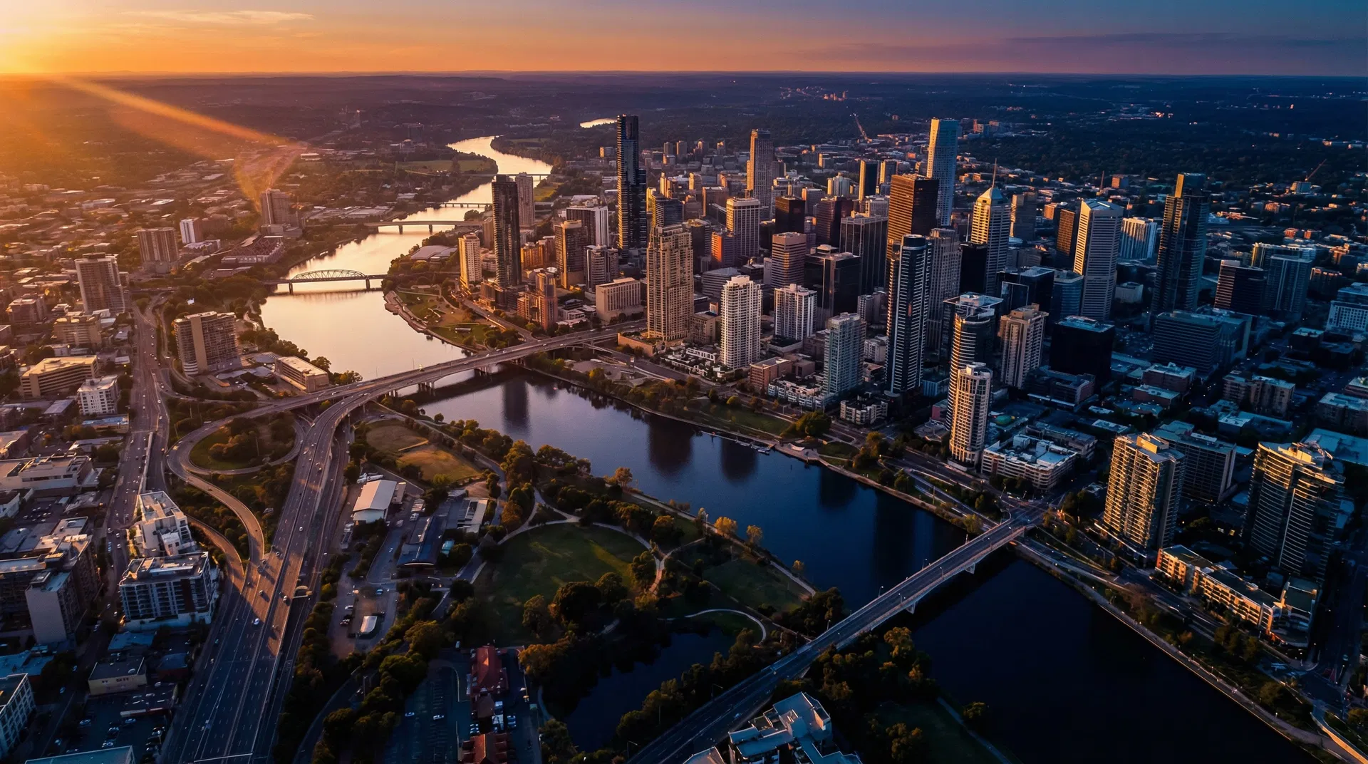 Aerial cityscape at golden hour