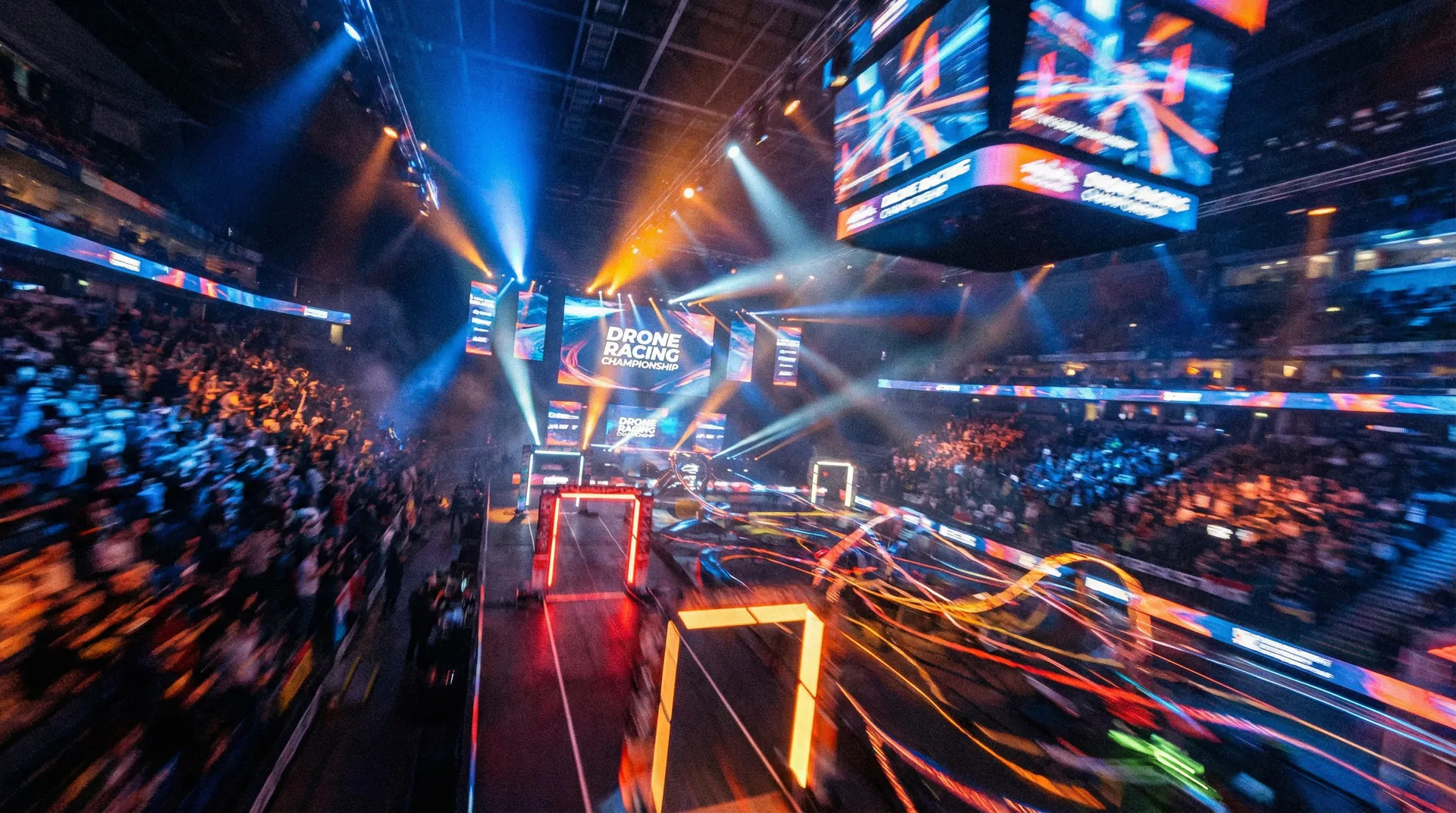 FPV drone action shot in arena