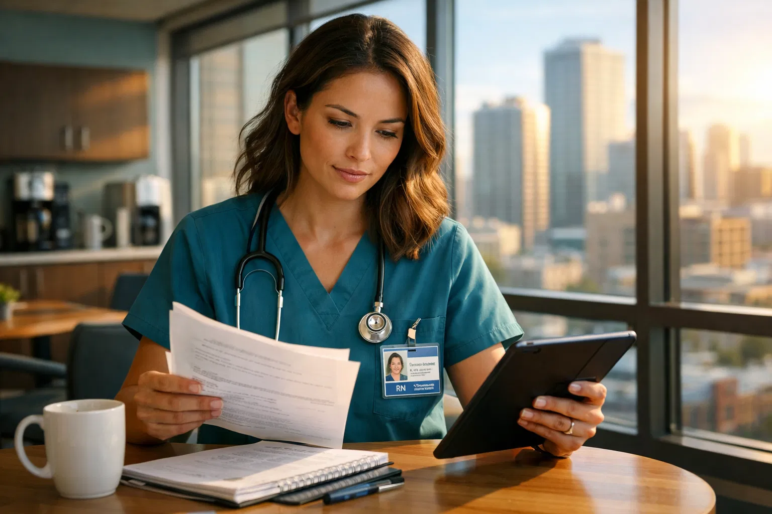 Travel nurse reviewing documents