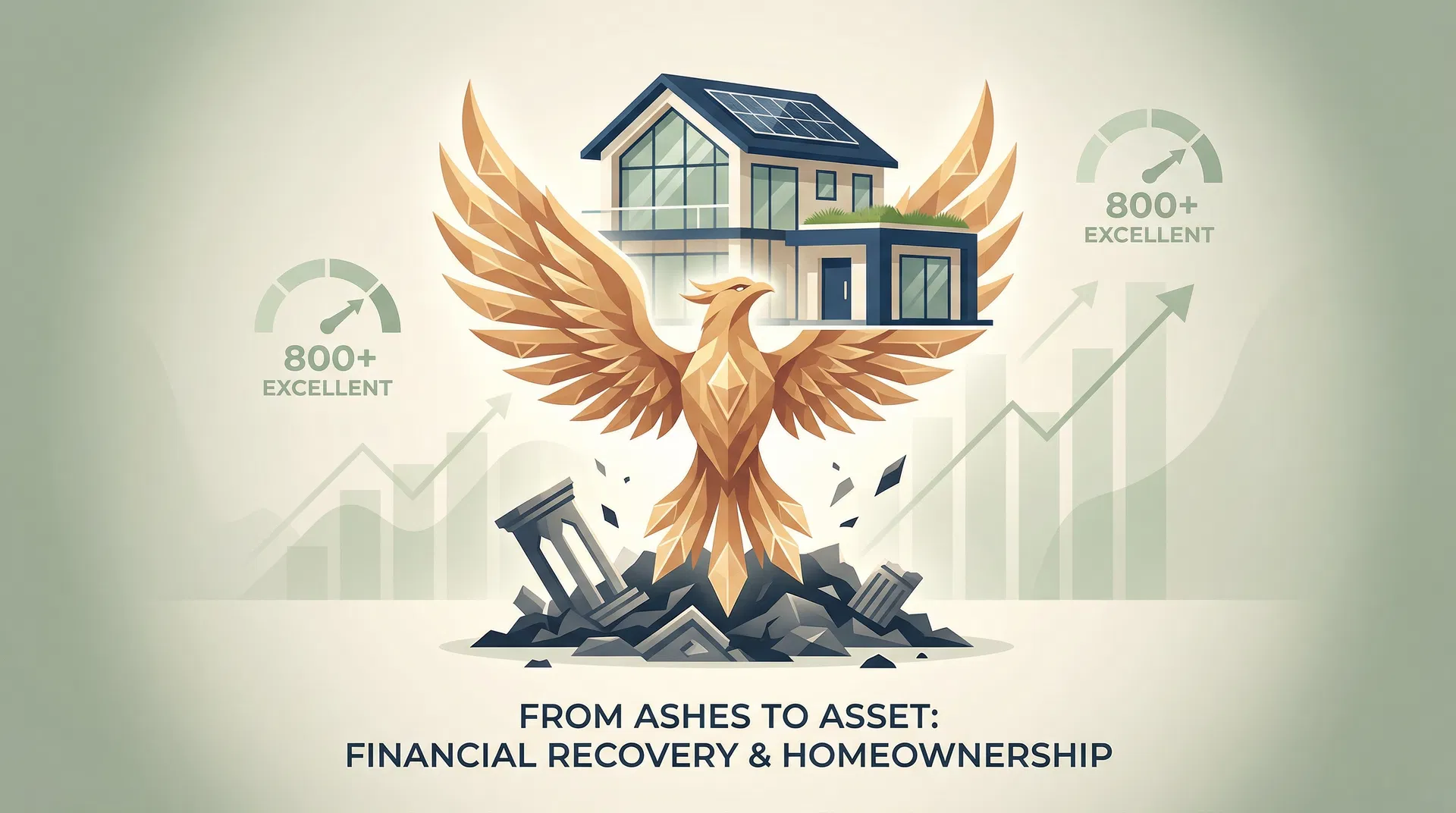 Phoenix rising from ashes transforming into a house, symbolizing financial recovery and homeownership after bankruptcy