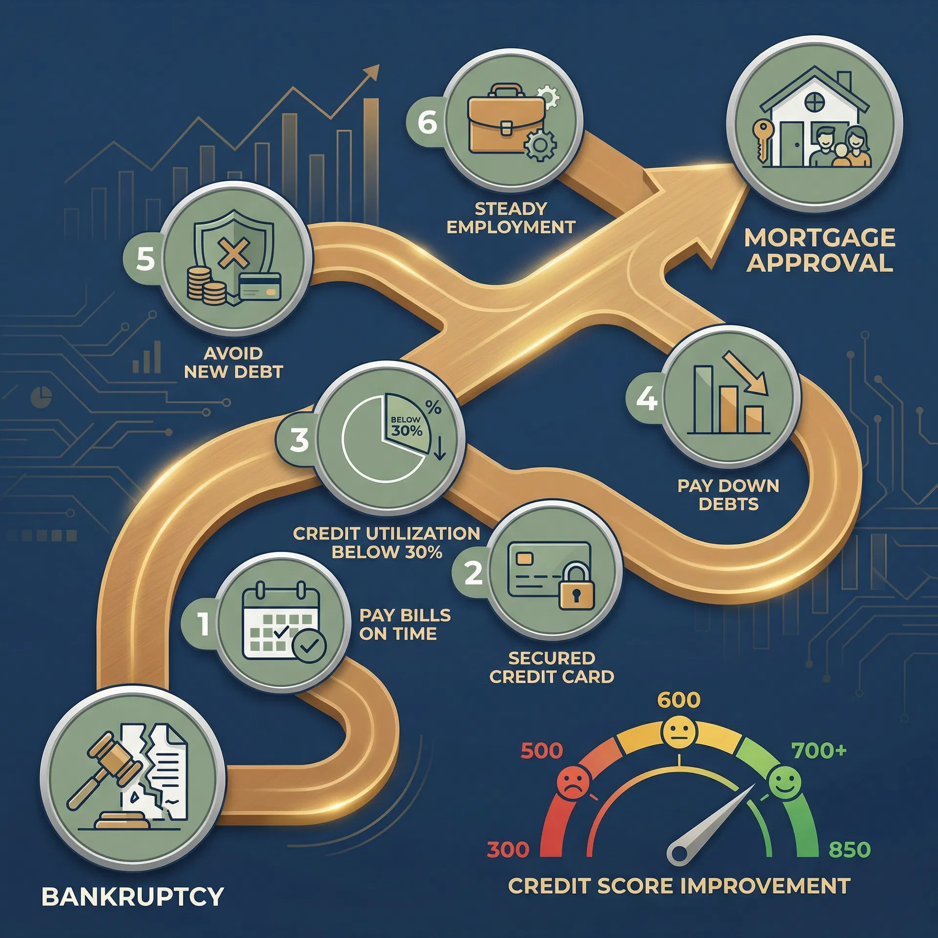 Roadmap showing six steps to rebuild credit after bankruptcy leading to mortgage approval