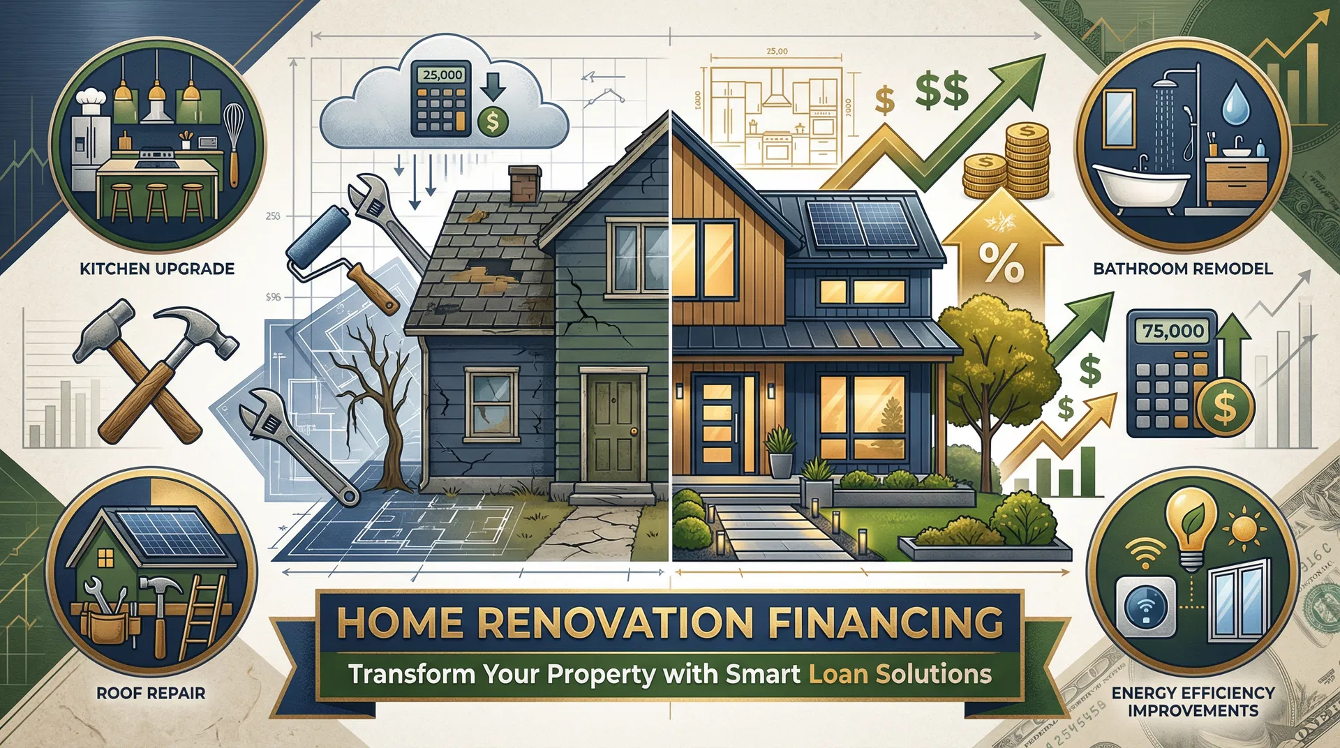 Home Renovation Financing - Transform Your Property with Smart Loan Solutions showing before and after home transformation