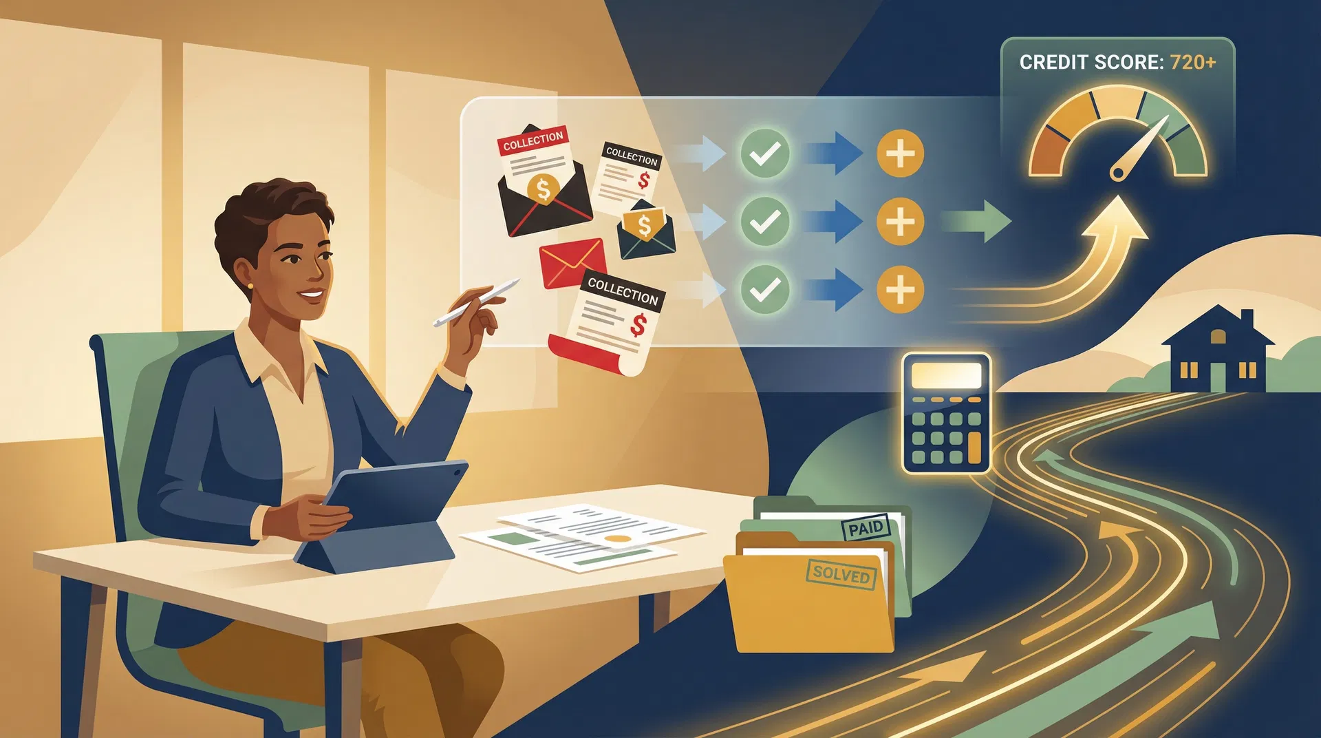 Person confidently managing collection accounts with credit score improving