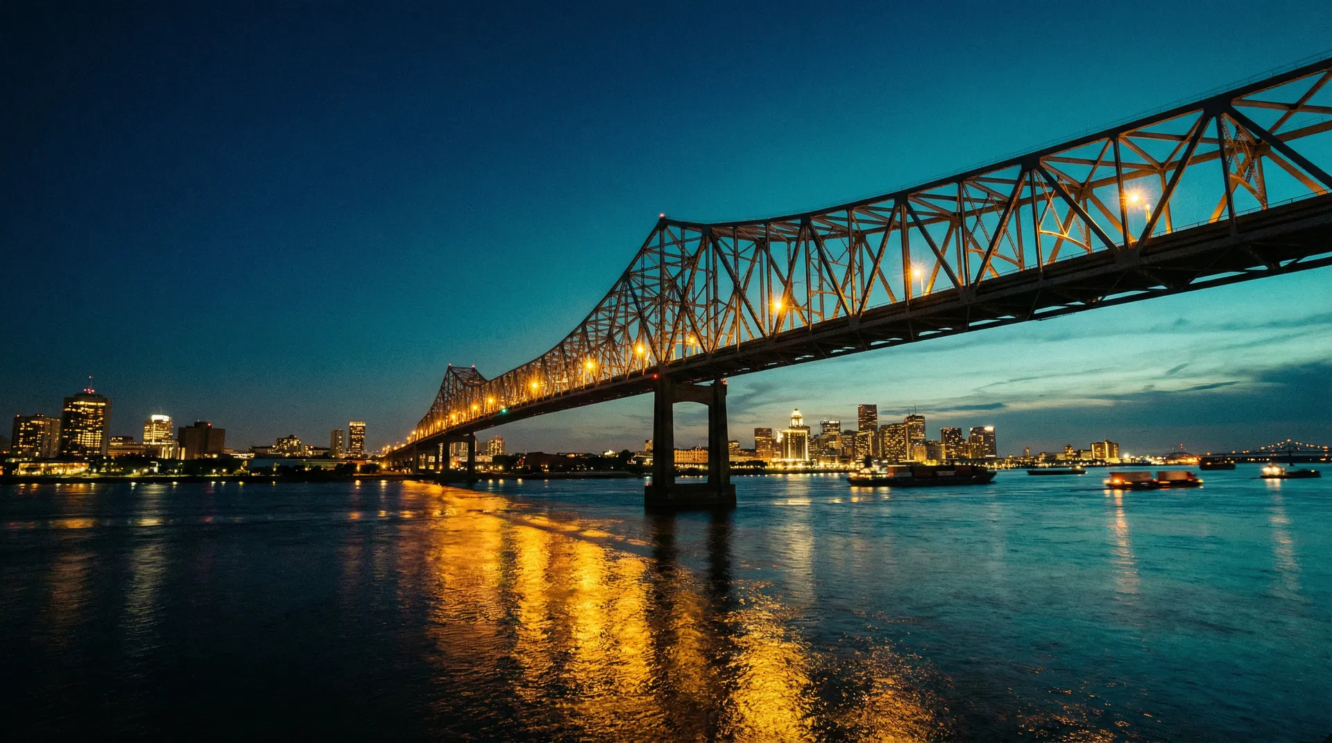 Bridge connecting cities at twilight