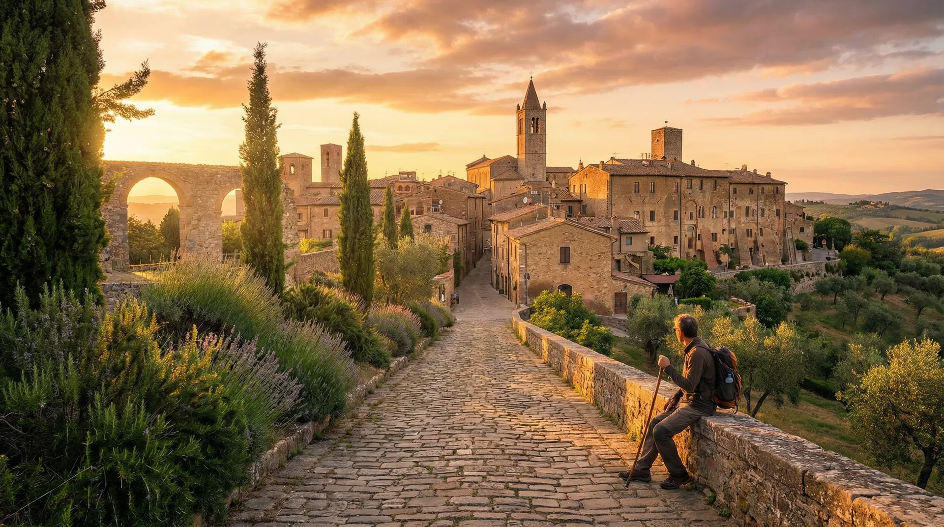 Pellegrino che arriva a Viterbo al tramonto sulla Via Francigena