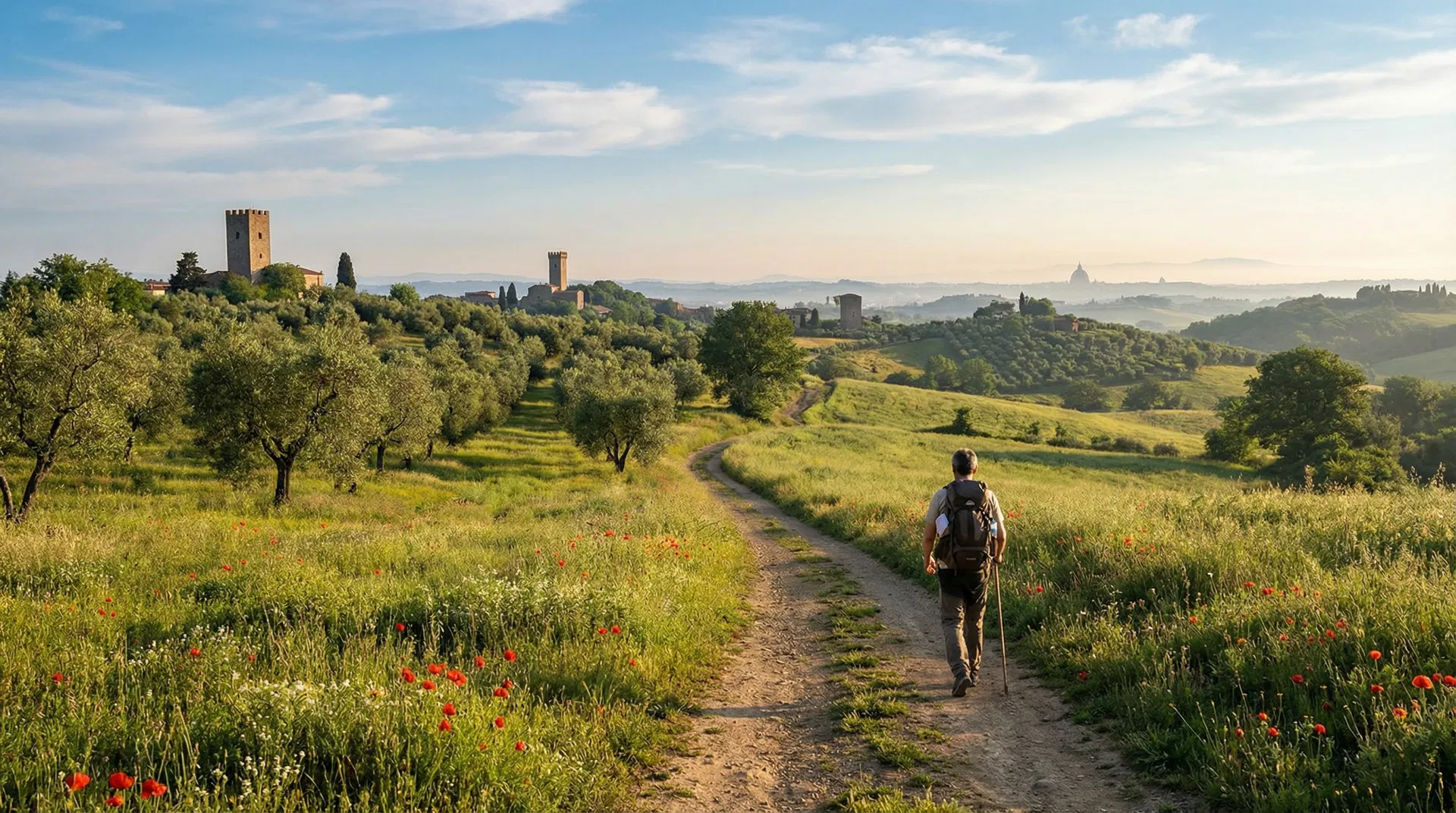 Pellegrino cammina nella campagna della Tuscia verso Roma