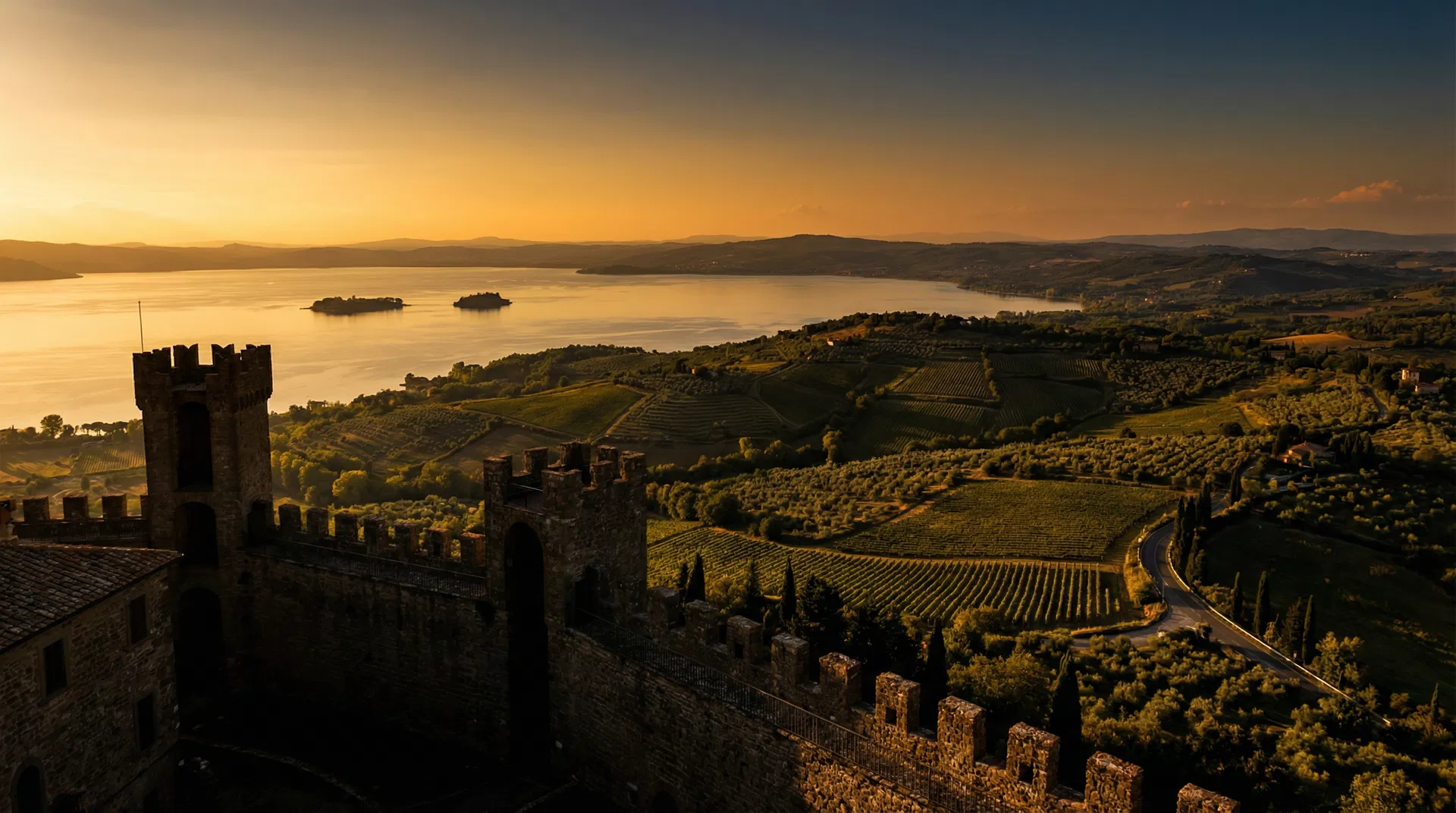 Panorama di Montefiascone al tramonto con vista sul Lago di Bolsena