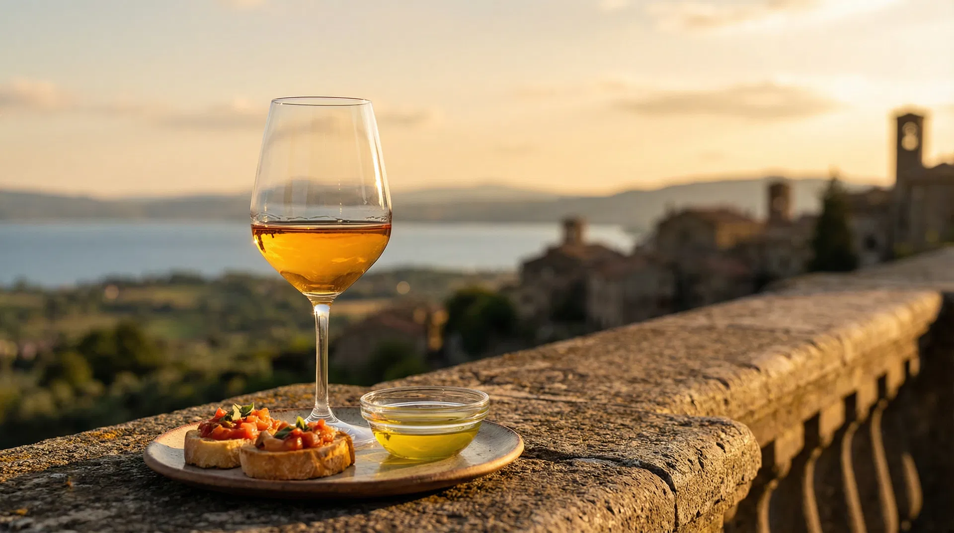 Calice di vino Est! Est!! Est!!! al tramonto con vista sul lago