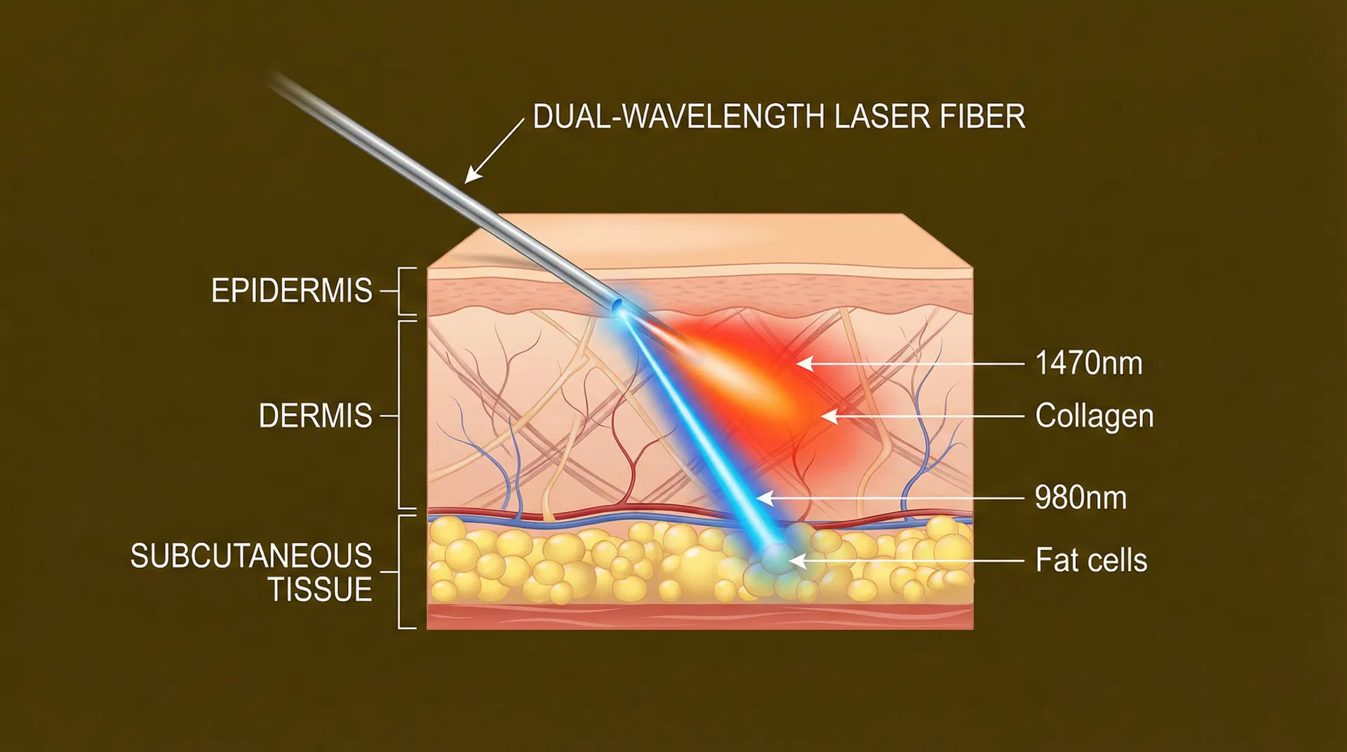 Dual-wavelength laser skin cross-section diagram showing fiber optic delivering 980nm and 1470nm wavelengths into epidermis, dermis, and subcutaneous tissue layers