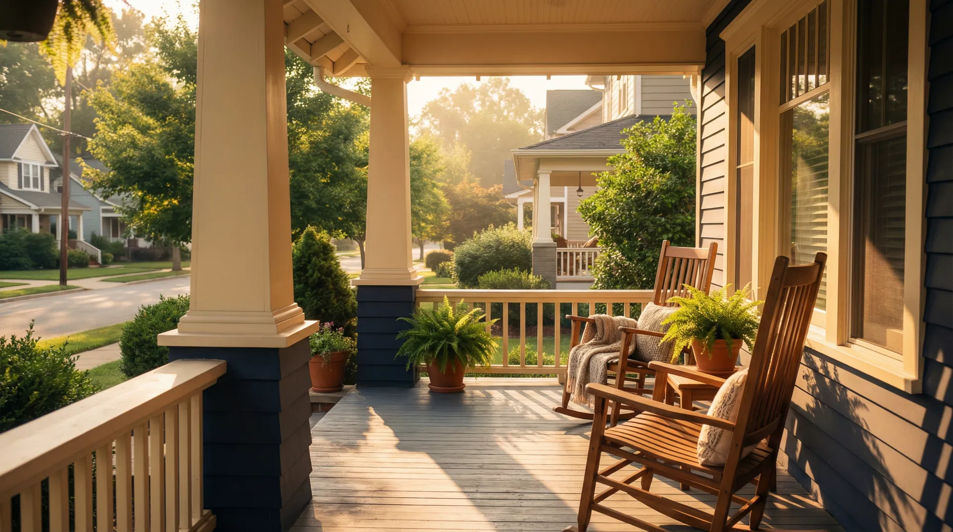 A warm craftsman porch at golden hour