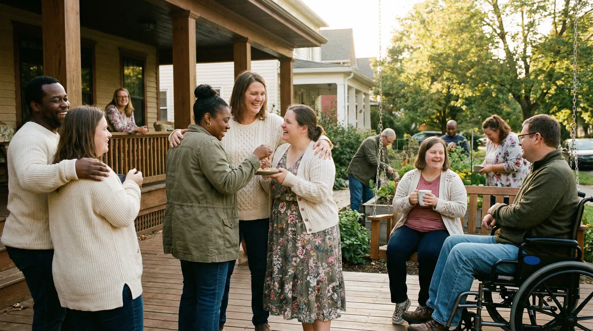 Community members gathered on a porch