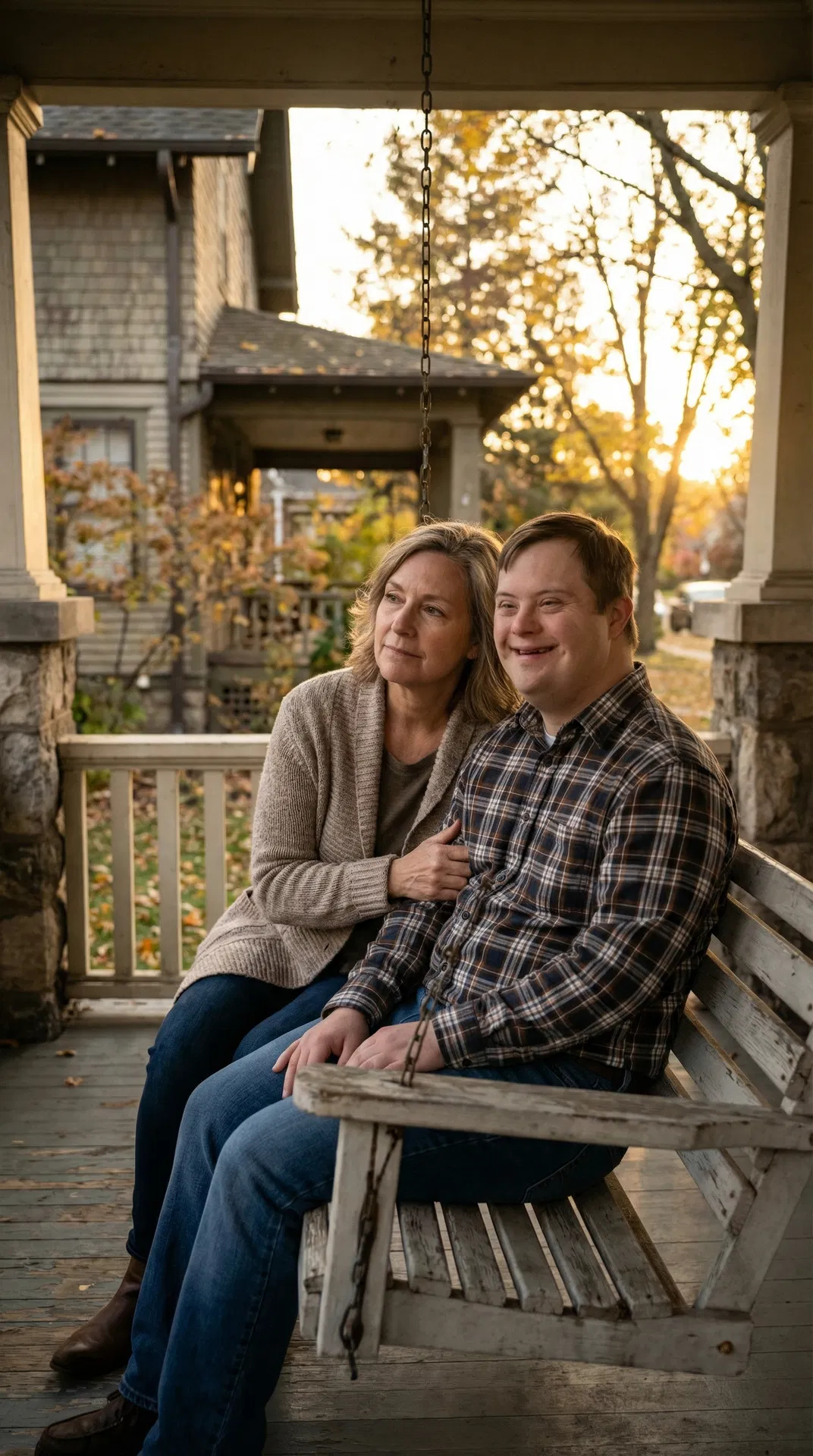 A mother and her adult son with Down syndrome on a porch swing