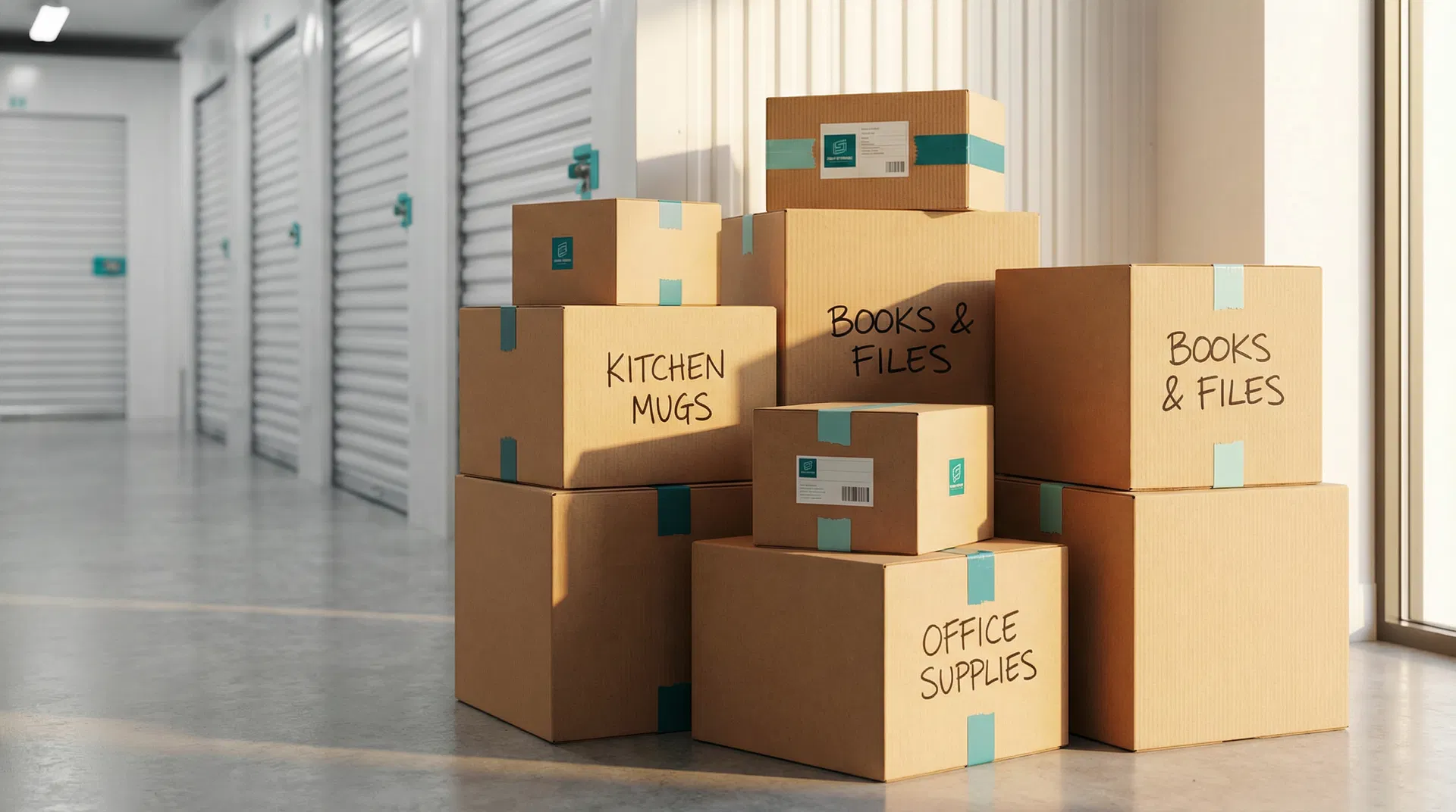 Umzugskartons in modernem Self Storage Lagerraum in Fürstenfeldbruck