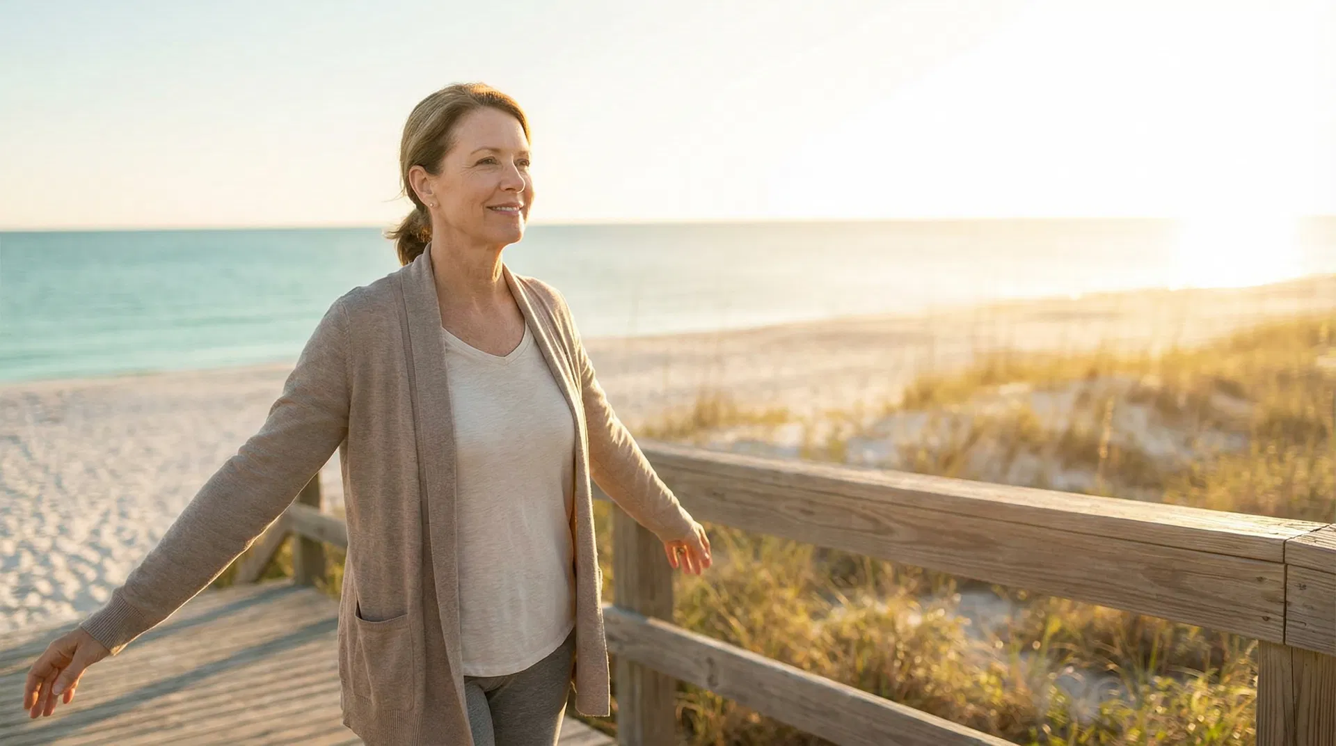 Person standing confidently near calm waters at golden hour