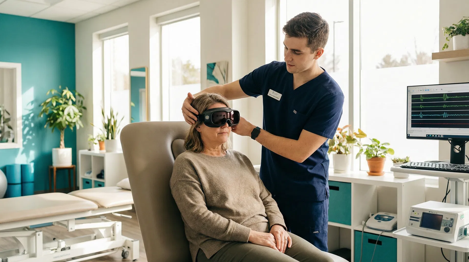 Vestibular rehabilitation therapy session with infrared goggles