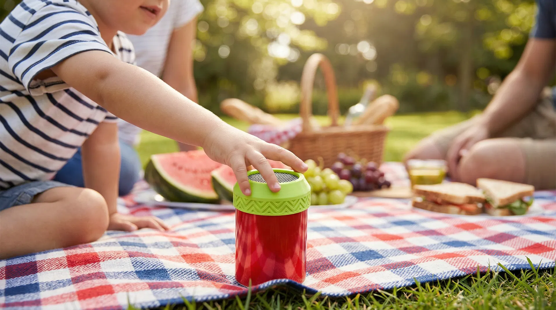 Family using can cover at a picnic