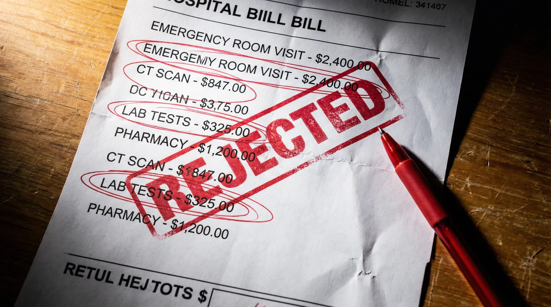 Factura del hospital con sello de RECHAZADO