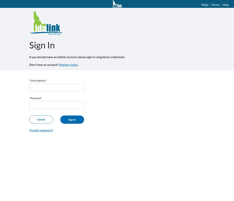 Idalink Login Screen