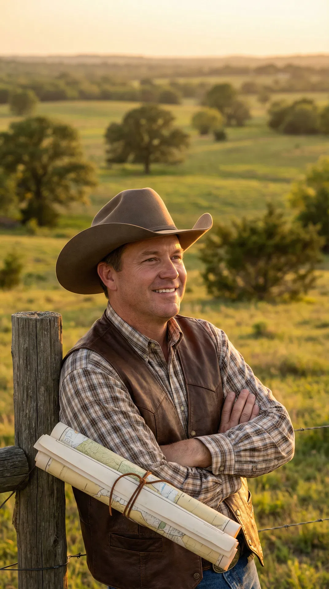 North Texas land specialist overlooking acreage at sunset