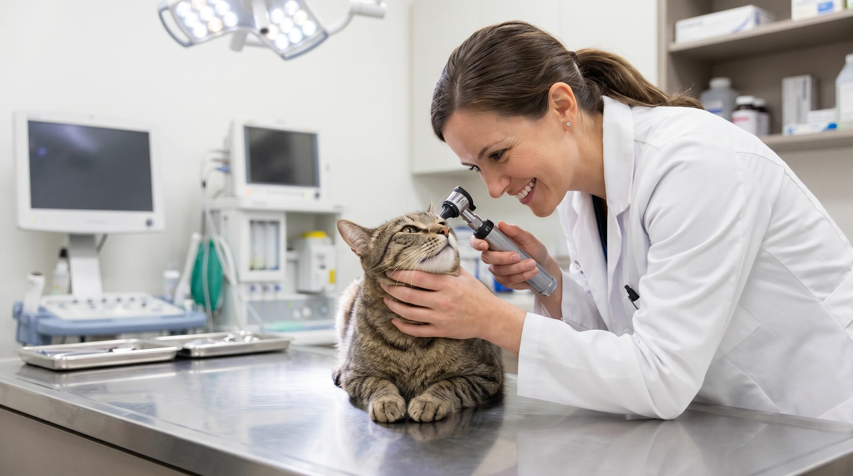A caring veterinarian in a white coat gently examining a calm tabby cat on a stainless steel examination table in a bright, clean veterinary clinic.