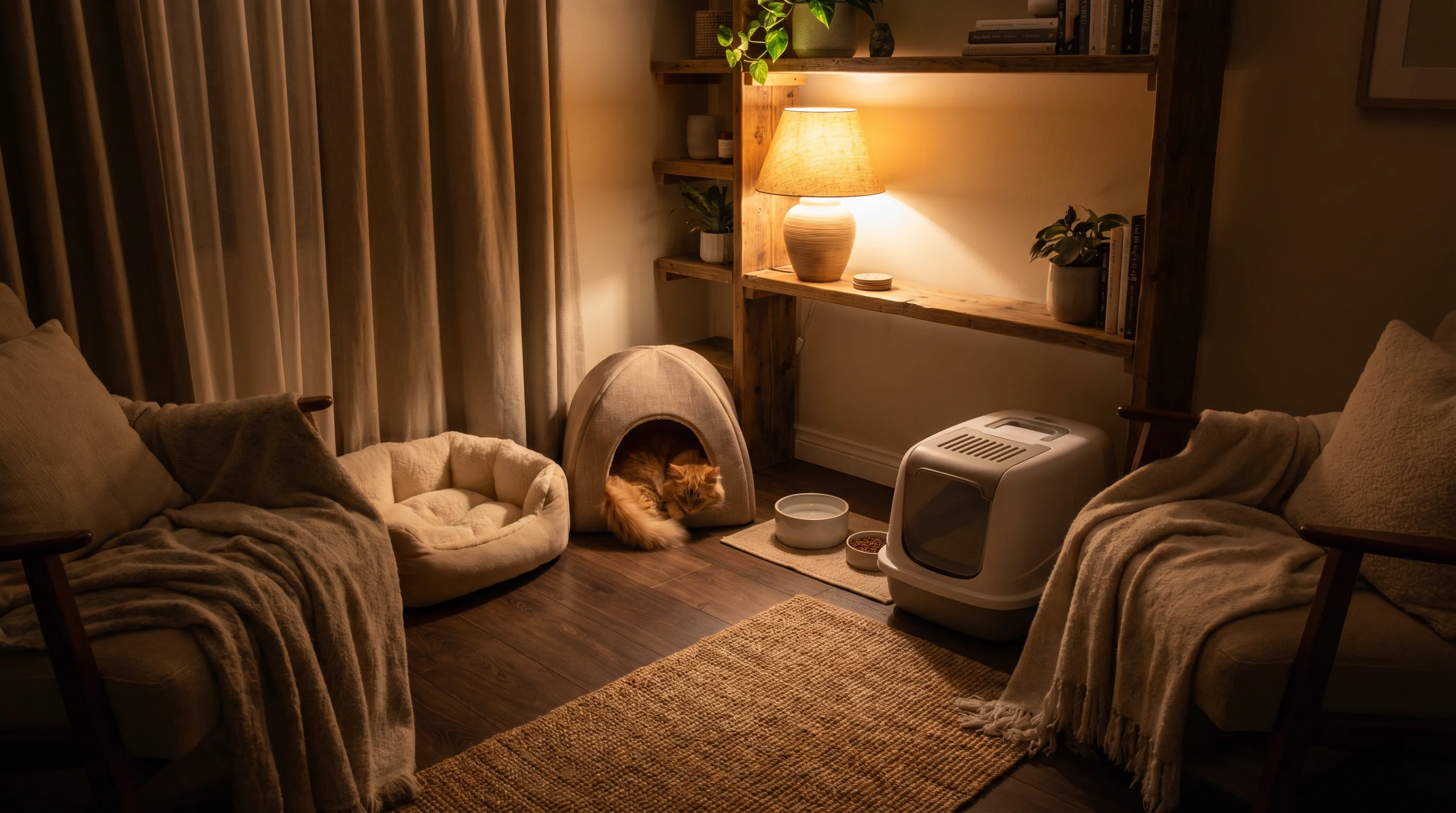 A cozy, dimly lit cat comfort room setup for a cat in heat.