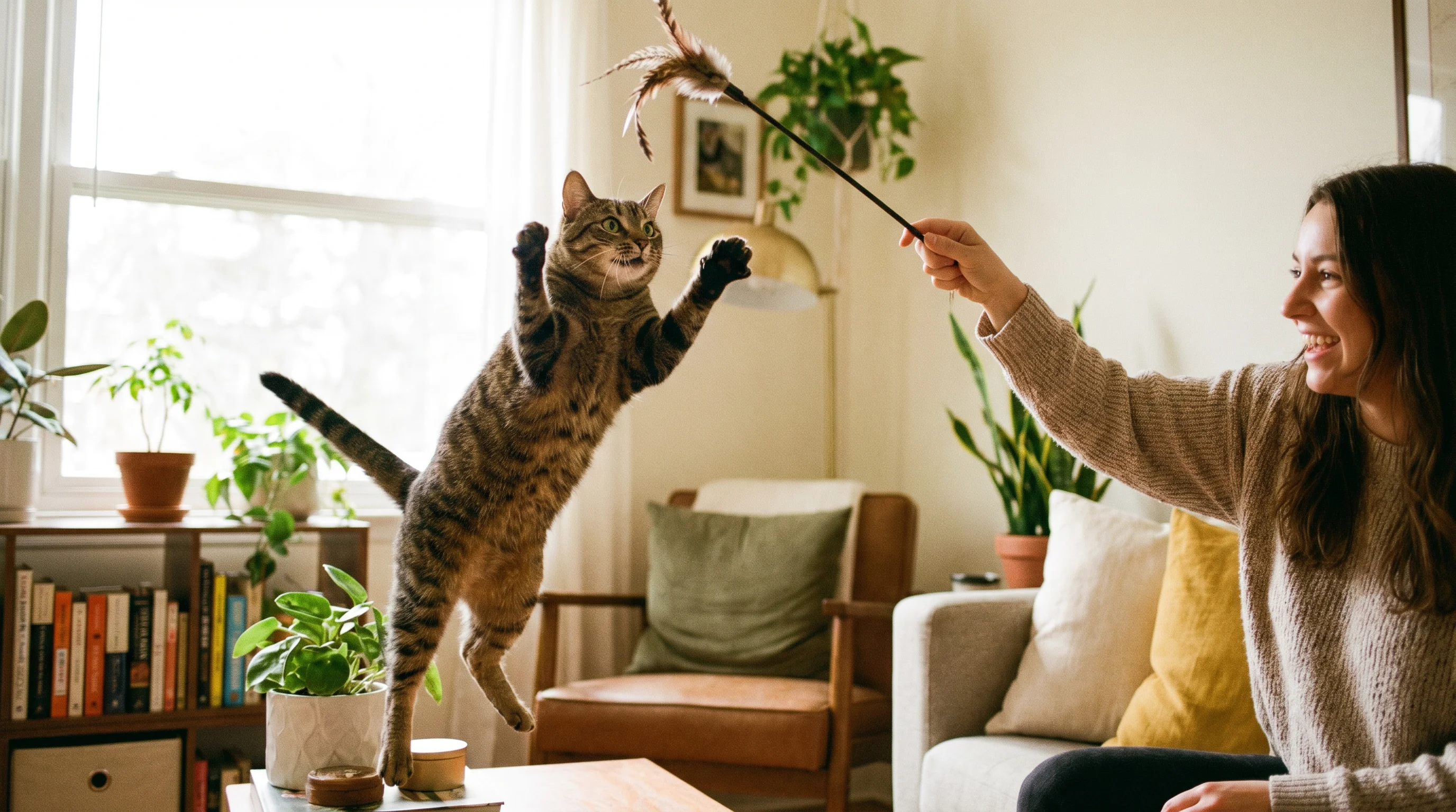 A person playing with a tabby cat using a feather wand toy in a bright living room.