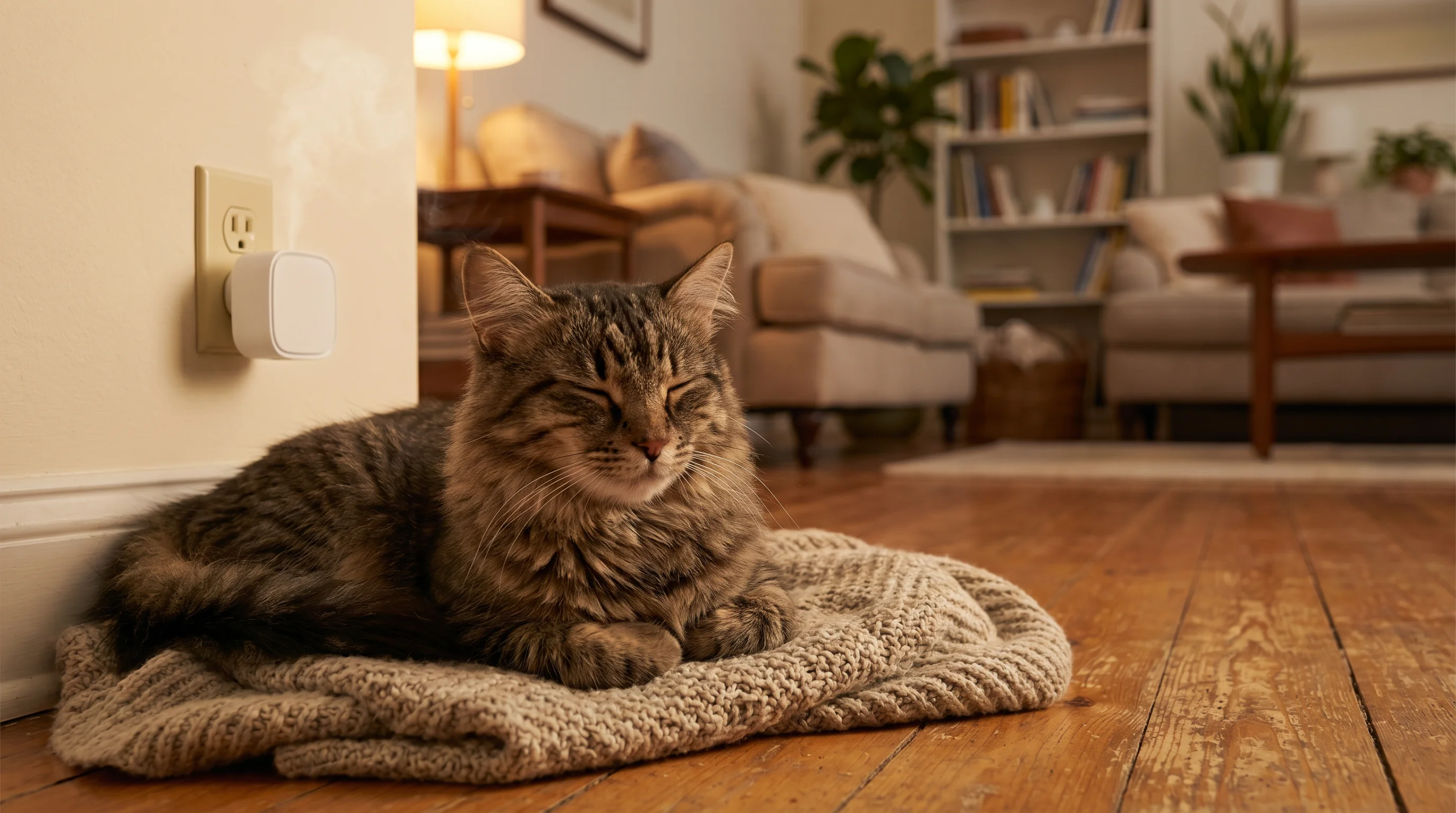 A calm, relaxed tabby cat lying on a soft blanket near a plug-in pheromone diffuser on the wall.