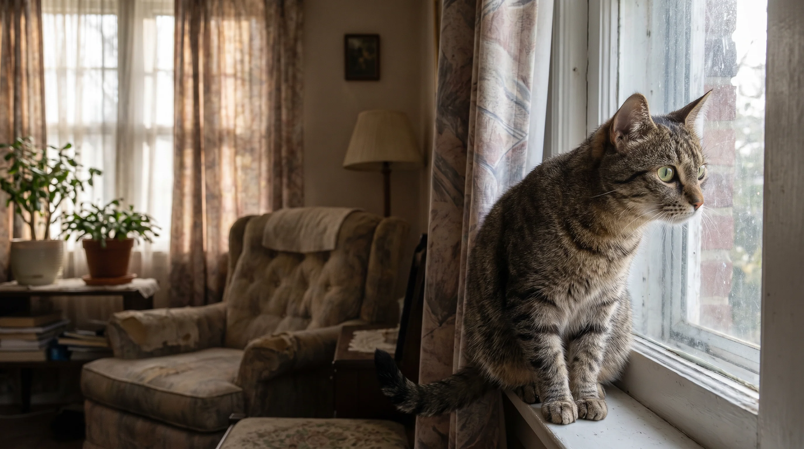 A female tabby cat sitting alertly at a closed window, looking outside with focused attention.