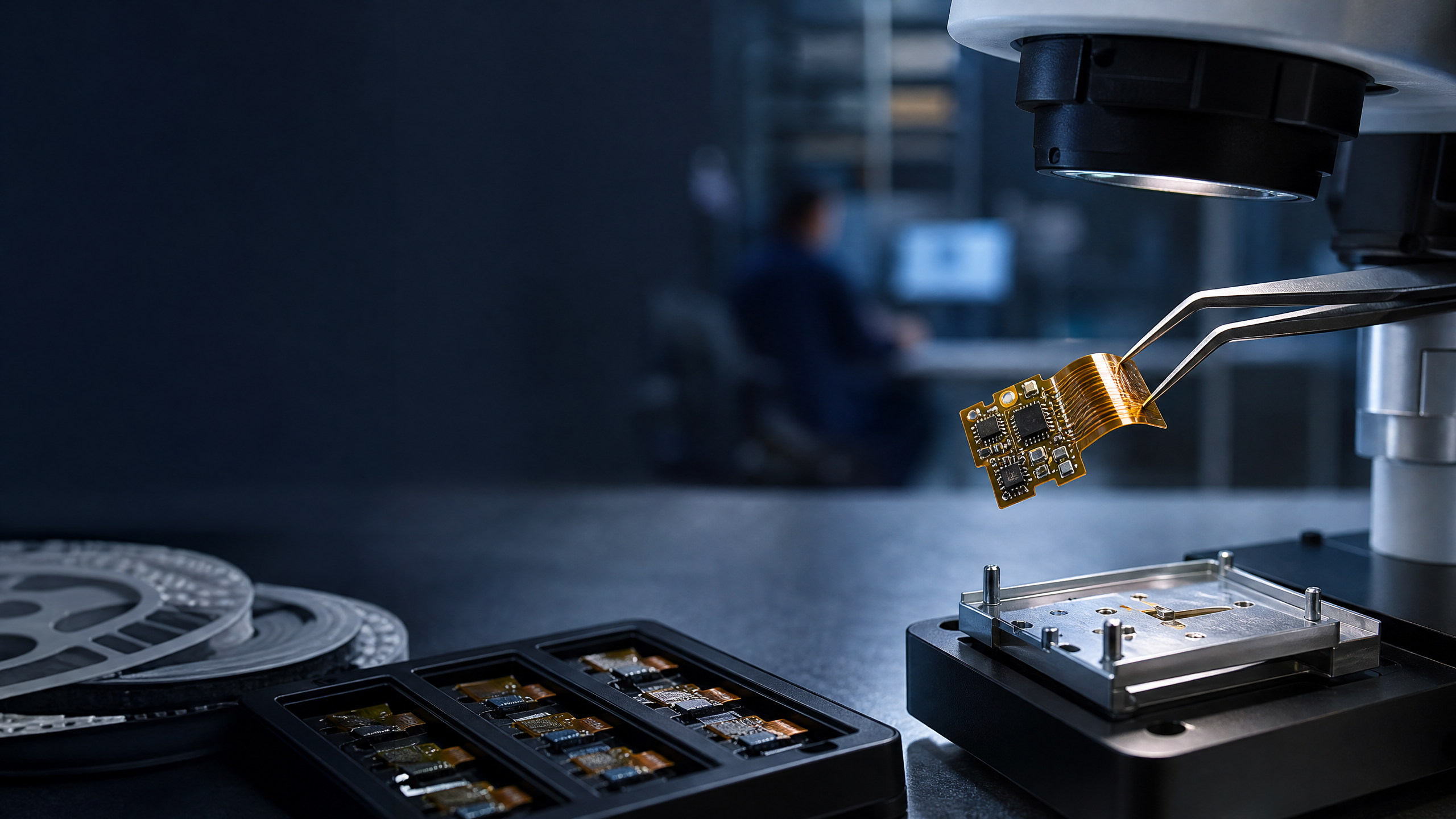 Engineer reviewing the smallest multilayer flexible circuits for a miniature electronic assembly