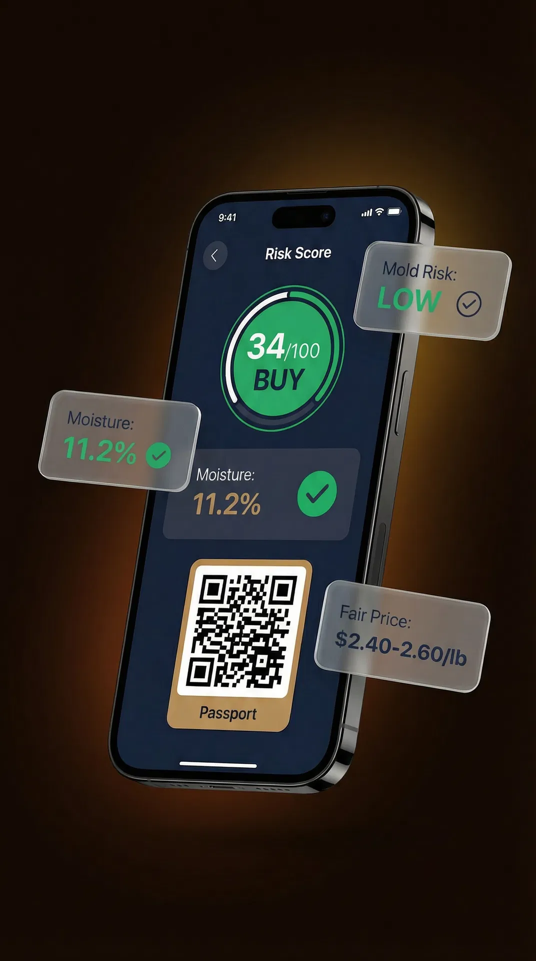 Caliber app showing risk score, moisture reading, and lot passport