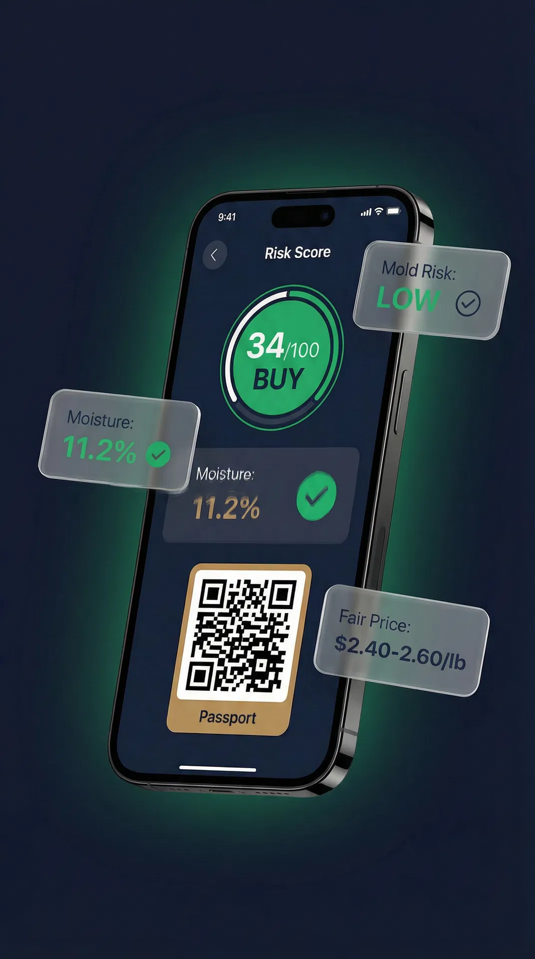 Caliber app showing risk score, moisture reading, and lot passport