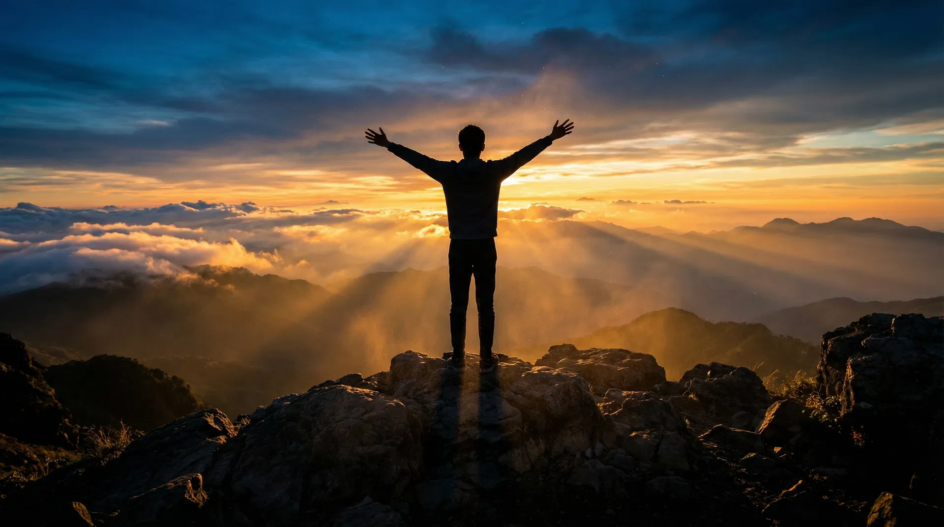 青少年站在山顶张开双臂迎接日出 - 易效能青少年指数测评