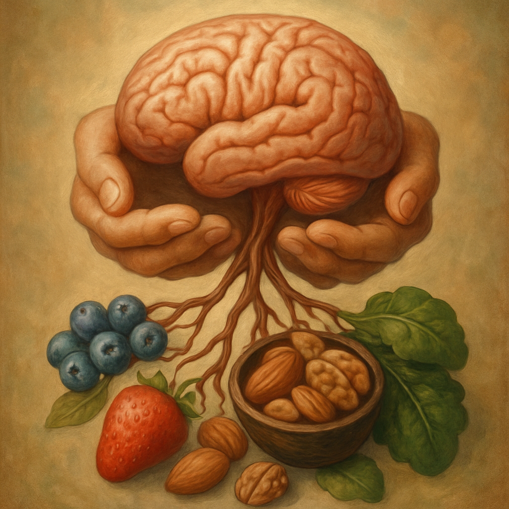 Image illustrating the connection between the brain and nutrient-dense foods.